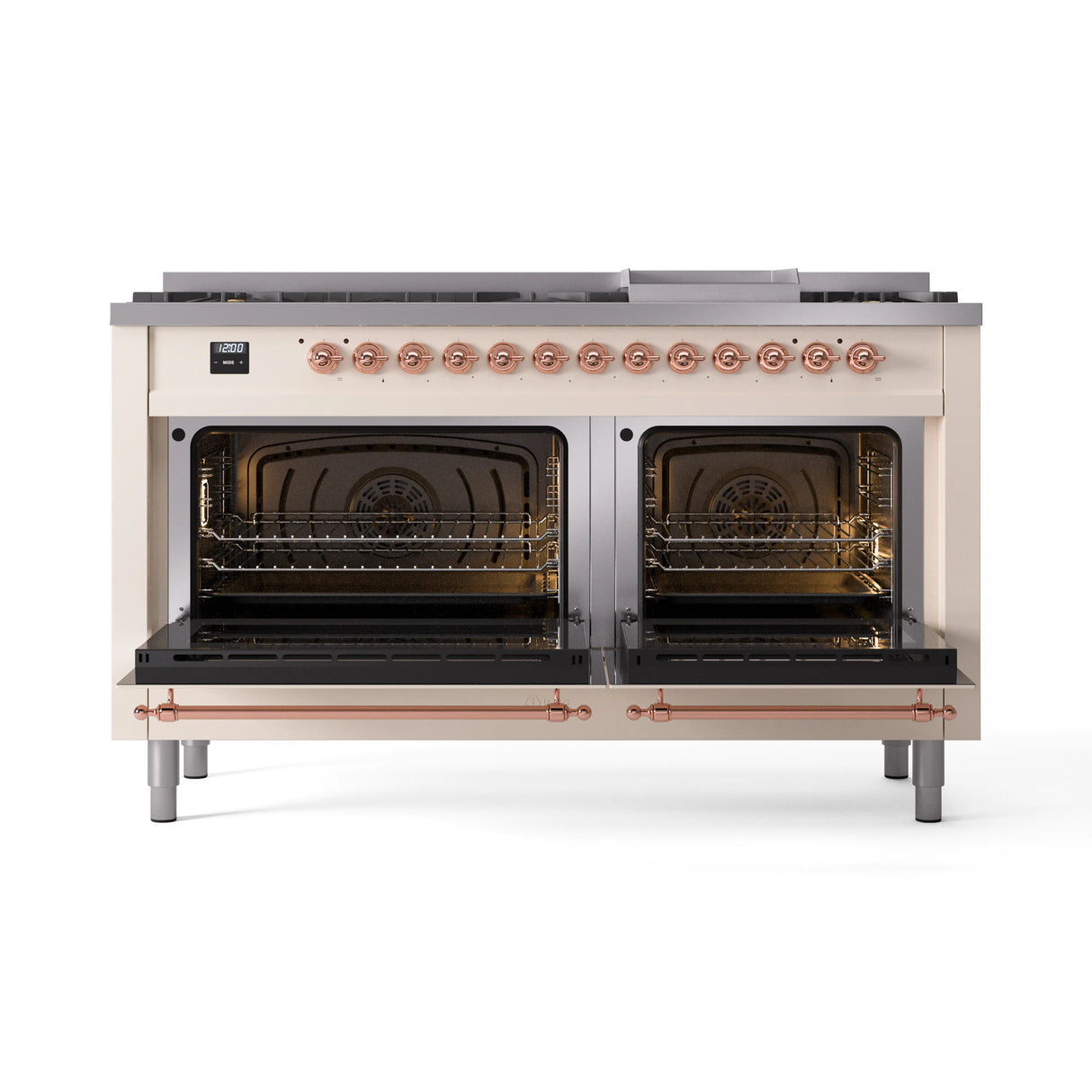 ILVE 60-Inch Nostalgie II Natural Gas Dual Fuel Range with 9 Burners, Griddle and Triple Glass Door Oven in Antique White with Copper Trim (UP60FNMPAWP)