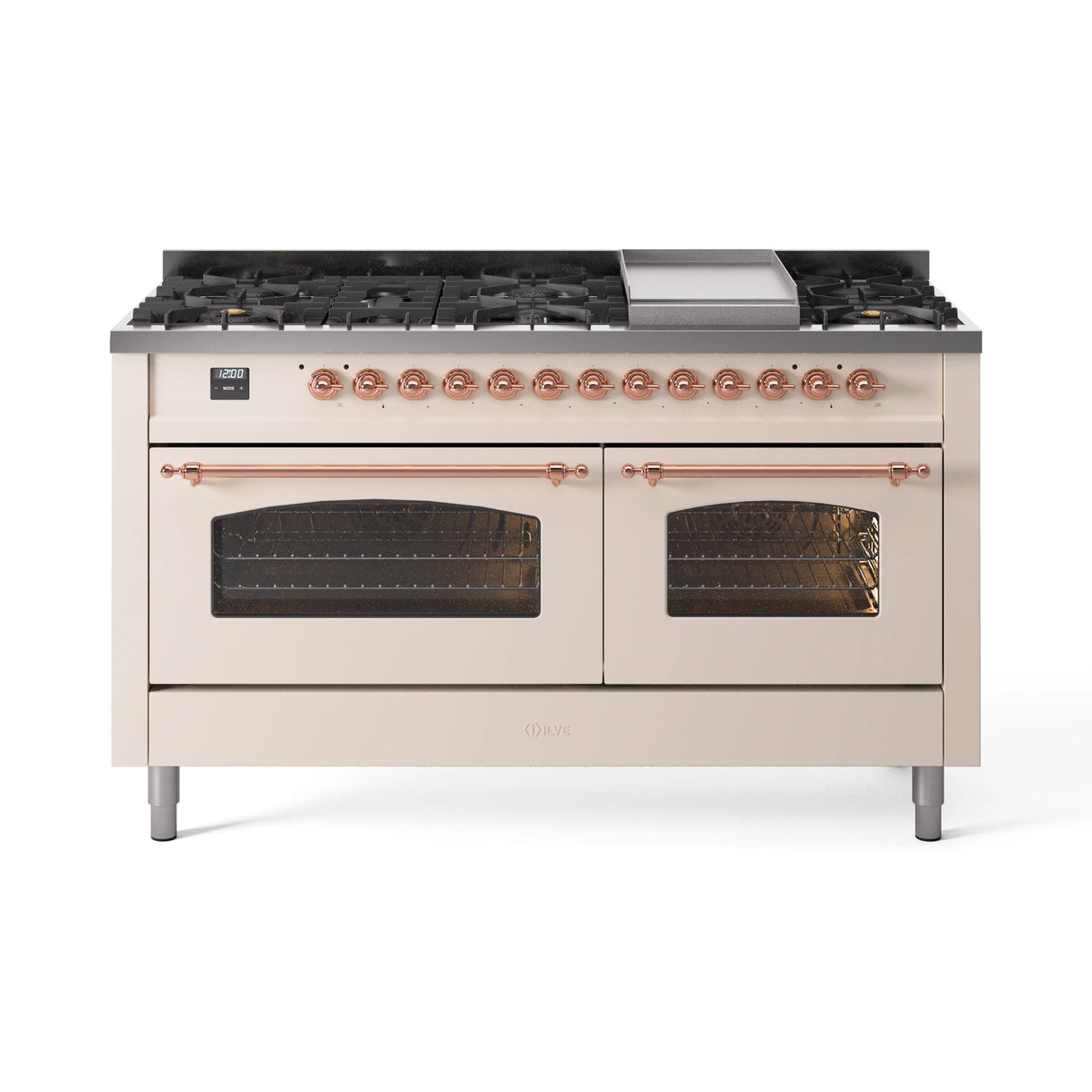 ILVE 60-Inch Nostalgie II Natural Gas Dual Fuel Range with 9 Burners, Griddle and Triple Glass Door Oven in Antique White with Copper Trim (UP60FNMPAWP)