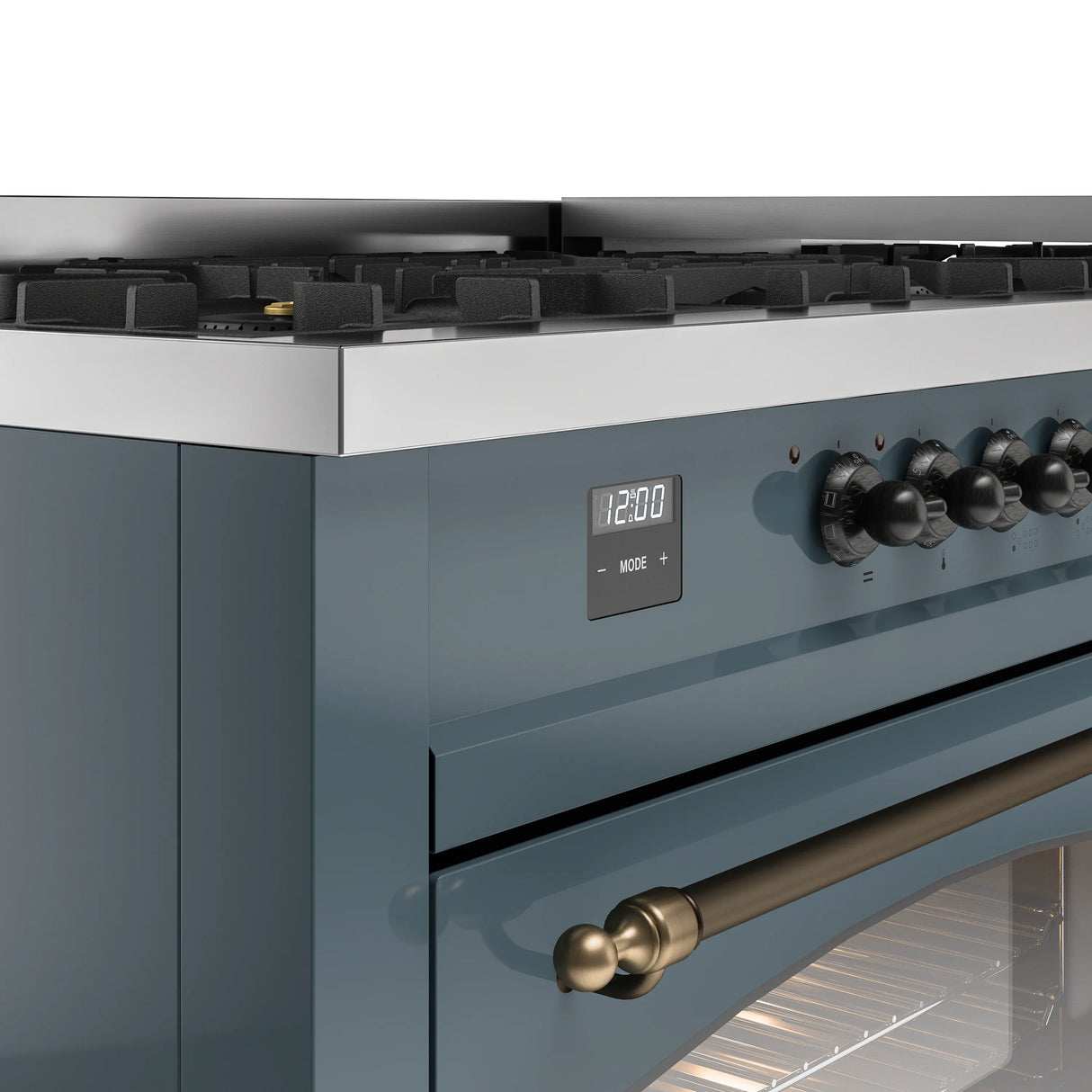 ILVE 60-Inch Nostalgie II Propane Gas Dual Fuel Range with 9 Burners, Griddle and Triple Glass Door Oven in Blue Grey with Bronze Trim (UP60FNMPBGBLP)