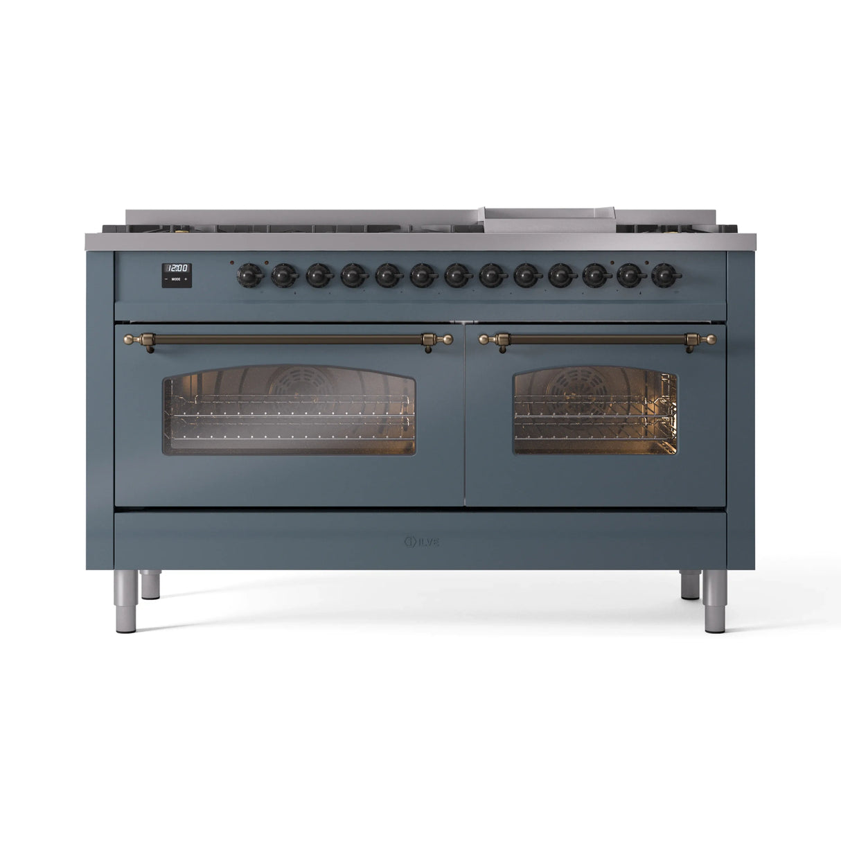 ILVE 60-Inch Nostalgie II Propane Gas Dual Fuel Range with 9 Burners, Griddle and Triple Glass Door Oven in Blue Grey with Bronze Trim (UP60FNMPBGBLP)