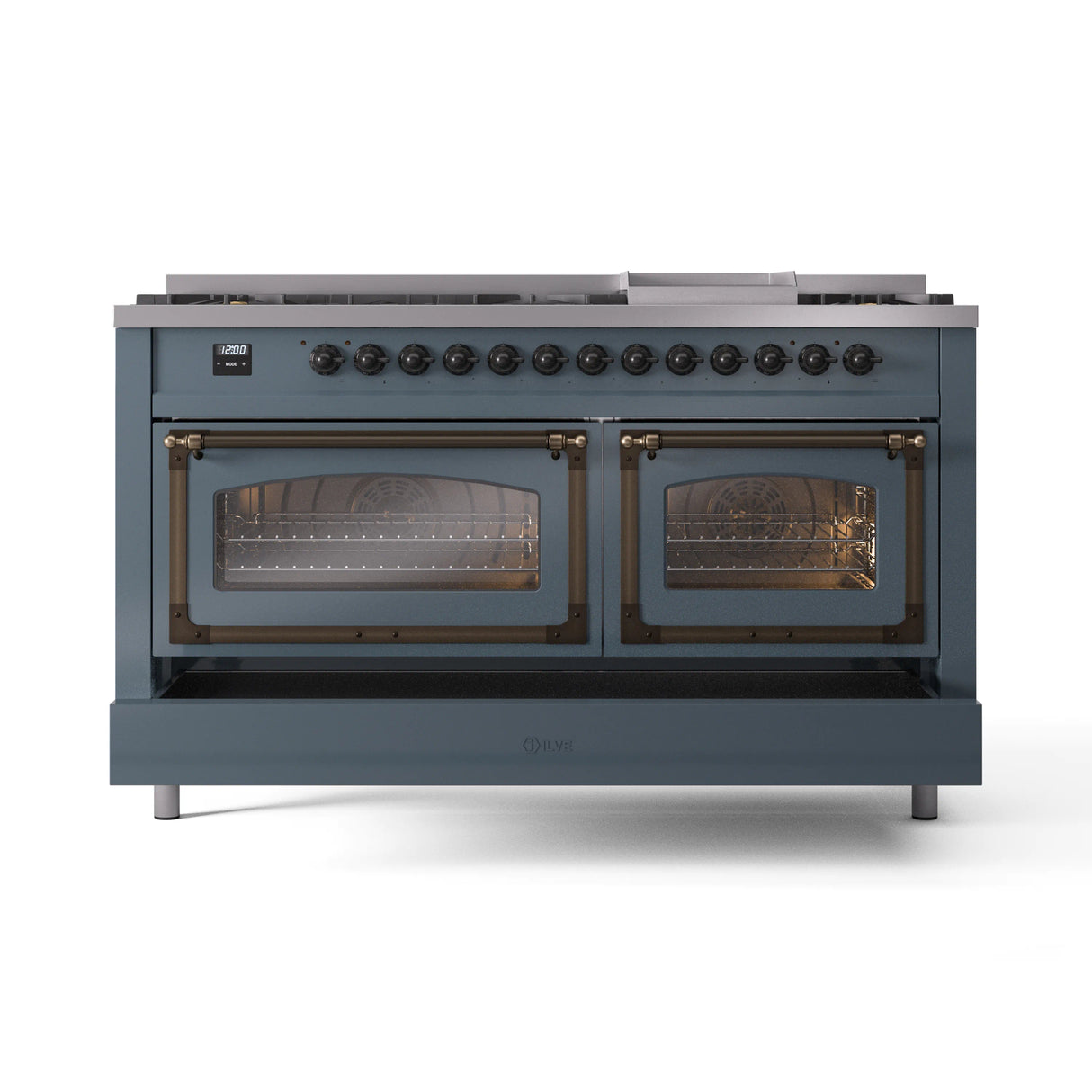 ILVE 60-Inch Nostalgie II Noblesse Propane Gas Dual Fuel Range with 9 Sealed Burners, Griddle, Triple Glass Door Oven in Blue Grey with Bronze Trim (UN60FNMPBGBLP)