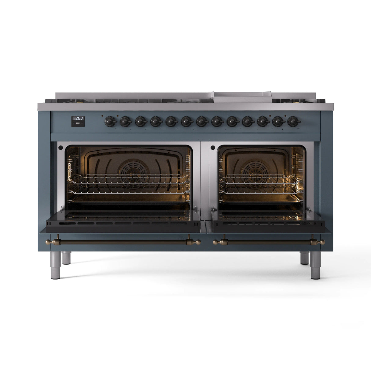 ILVE 60-Inch Nostalgie II Propane Gas Dual Fuel Range with 9 Burners, Griddle and Triple Glass Door Oven in Blue Grey with Bronze Trim (UP60FNMPBGBLP)