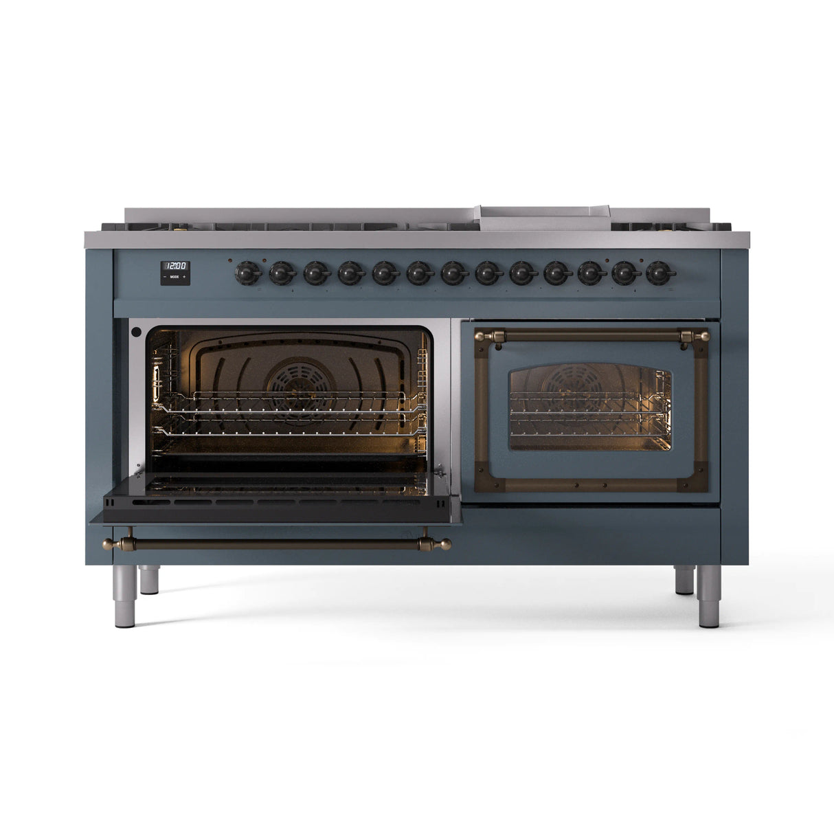ILVE 60-Inch Nostalgie II Noblesse Natural Gas Dual Fuel Range in Blue Grey with Bronze Trim (UN60FNMPBGB)