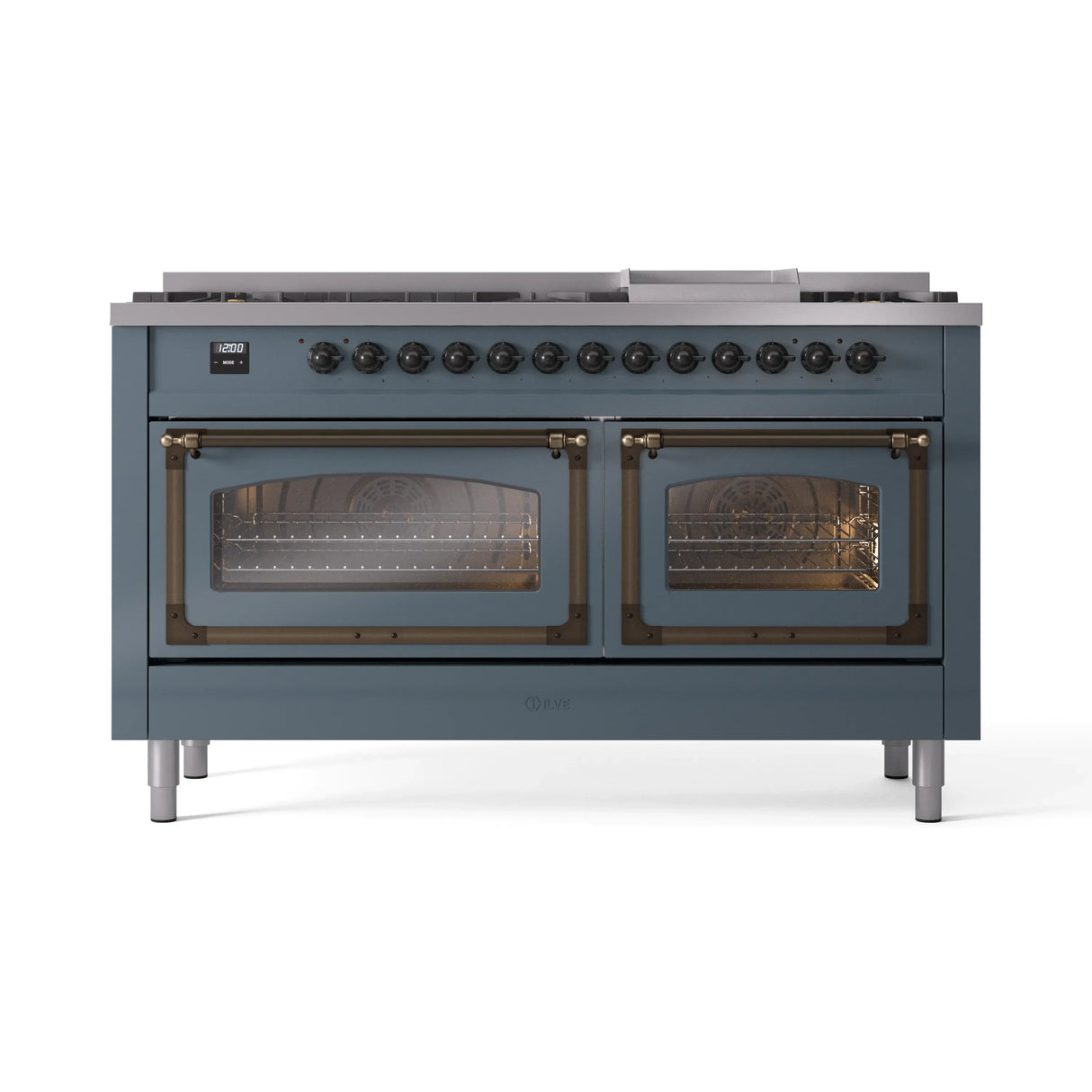 ILVE 60-Inch Nostalgie II Noblesse Natural Gas Dual Fuel Range in Blue Grey with Bronze Trim (UN60FNMPBGB)