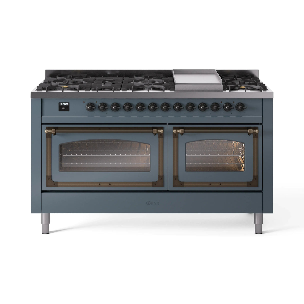 ILVE 60-Inch Nostalgie II Noblesse Natural Gas Dual Fuel Range in Blue Grey with Bronze Trim (UN60FNMPBGB)