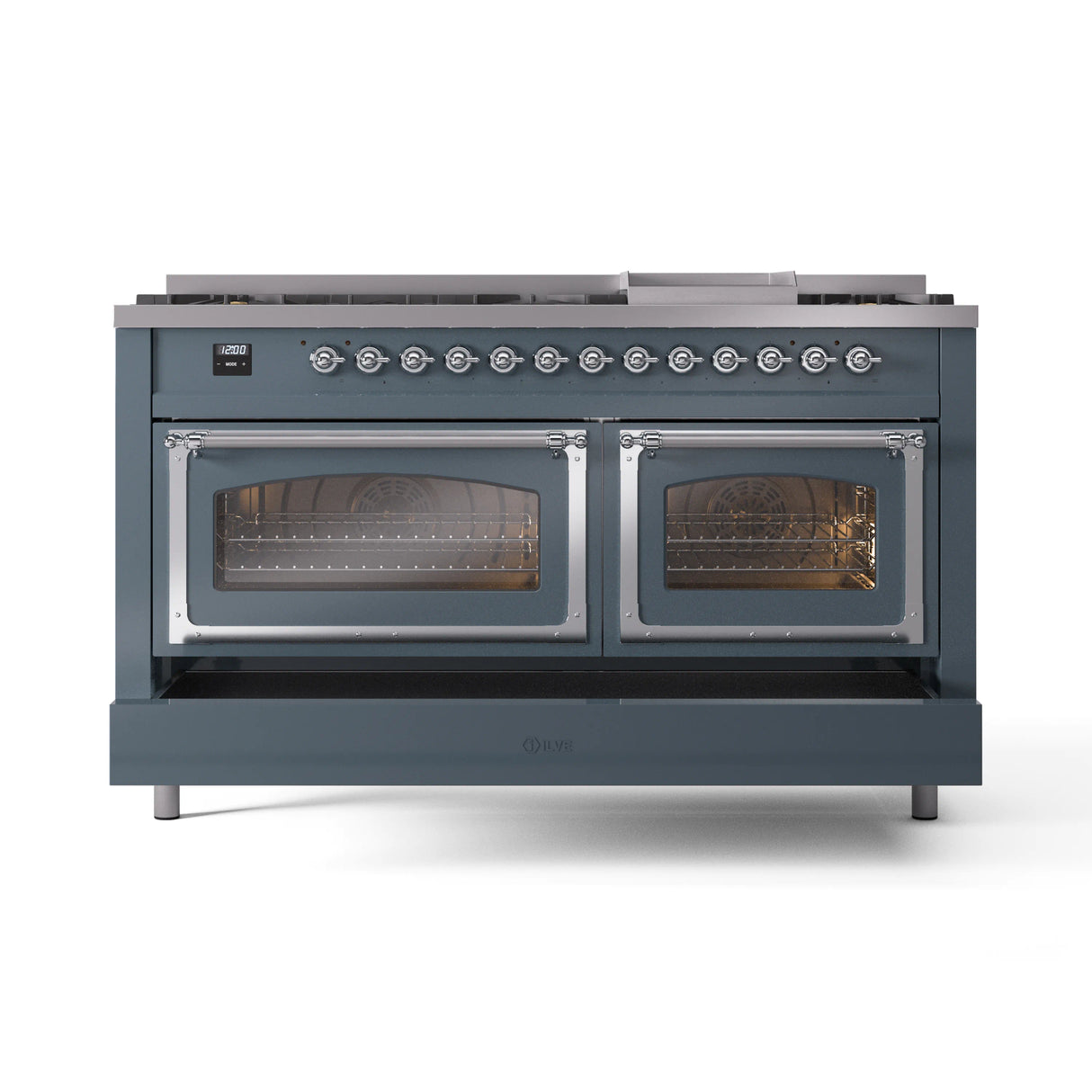 ILVE 60-Inch Nostalgie II Noblesse Propane Gas Dual Fuel Range with 9 Sealed Burners, Griddle, Triple Glass Door Oven in Blue Grey with Chrome Trim (UN60FNMPBGCLP)
