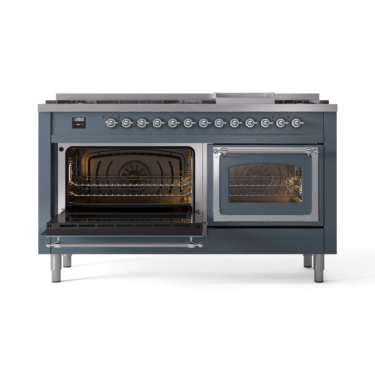 ILVE 60-Inch Nostalgie II Noblesse Propane Gas Dual Fuel Range with 9 Sealed Burners, Griddle, Triple Glass Door Oven in Blue Grey with Chrome Trim (UN60FNMPBGCLP)