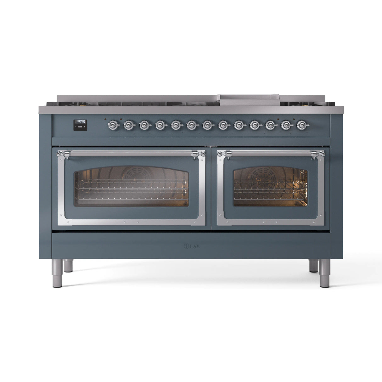 ILVE 60-Inch Nostalgie II Noblesse Propane Gas Dual Fuel Range with 9 Sealed Burners, Griddle, Triple Glass Door Oven in Blue Grey with Chrome Trim (UN60FNMPBGCLP)