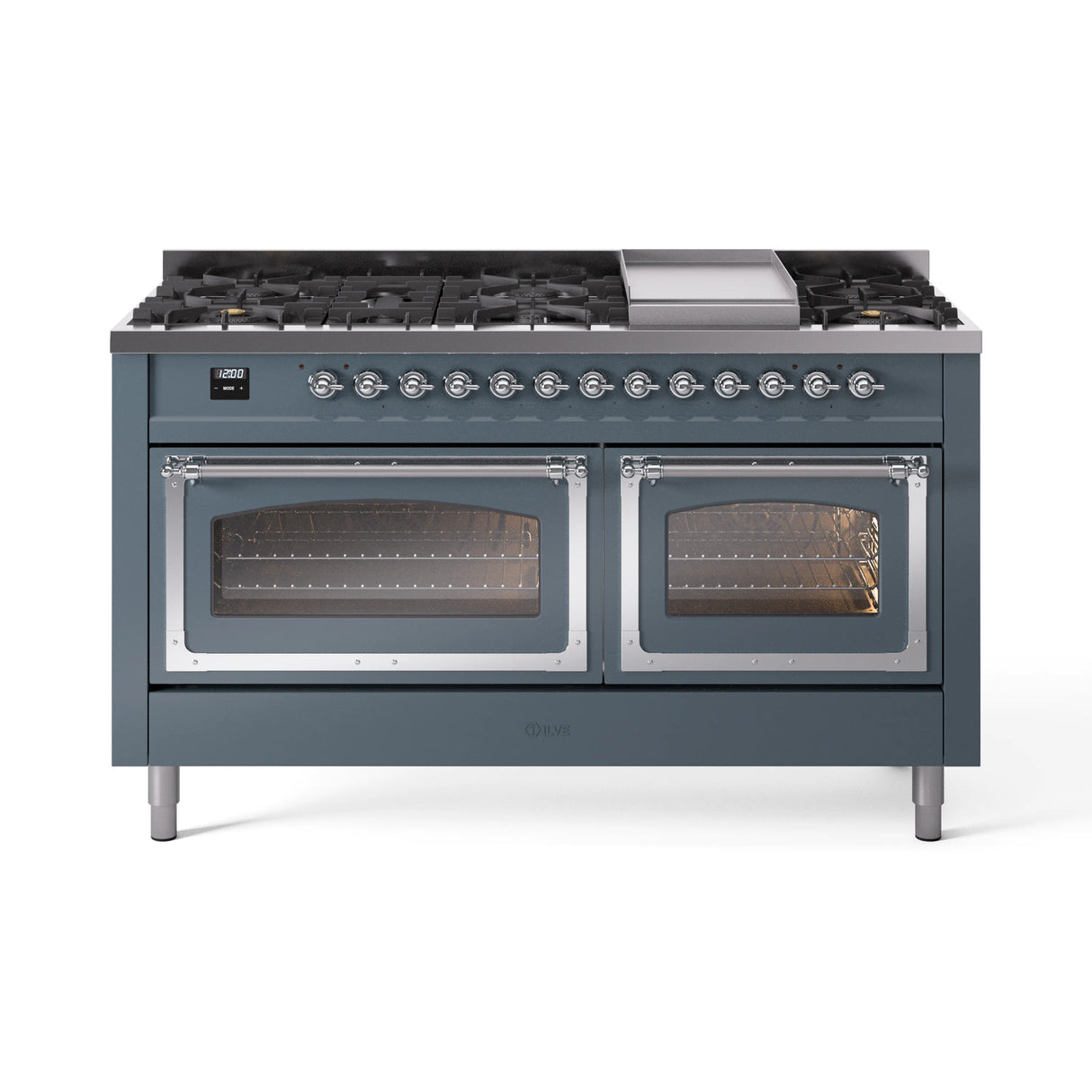 ILVE 60-Inch Nostalgie II Noblesse Propane Gas Dual Fuel Range with 9 Sealed Burners, Griddle, Triple Glass Door Oven in Blue Grey with Chrome Trim (UN60FNMPBGCLP)