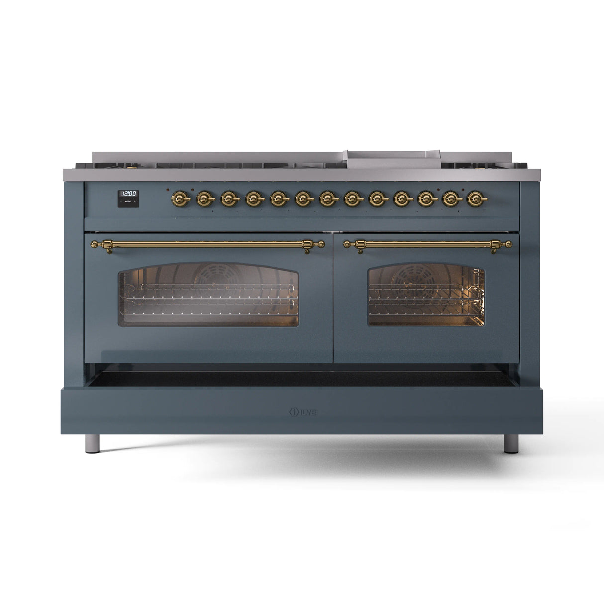 ILVE Nostalgie II 60-Inch Dual Fuel Freestanding Range in Blue Grey with Brass Trim (UP60FNMPBGGLP)