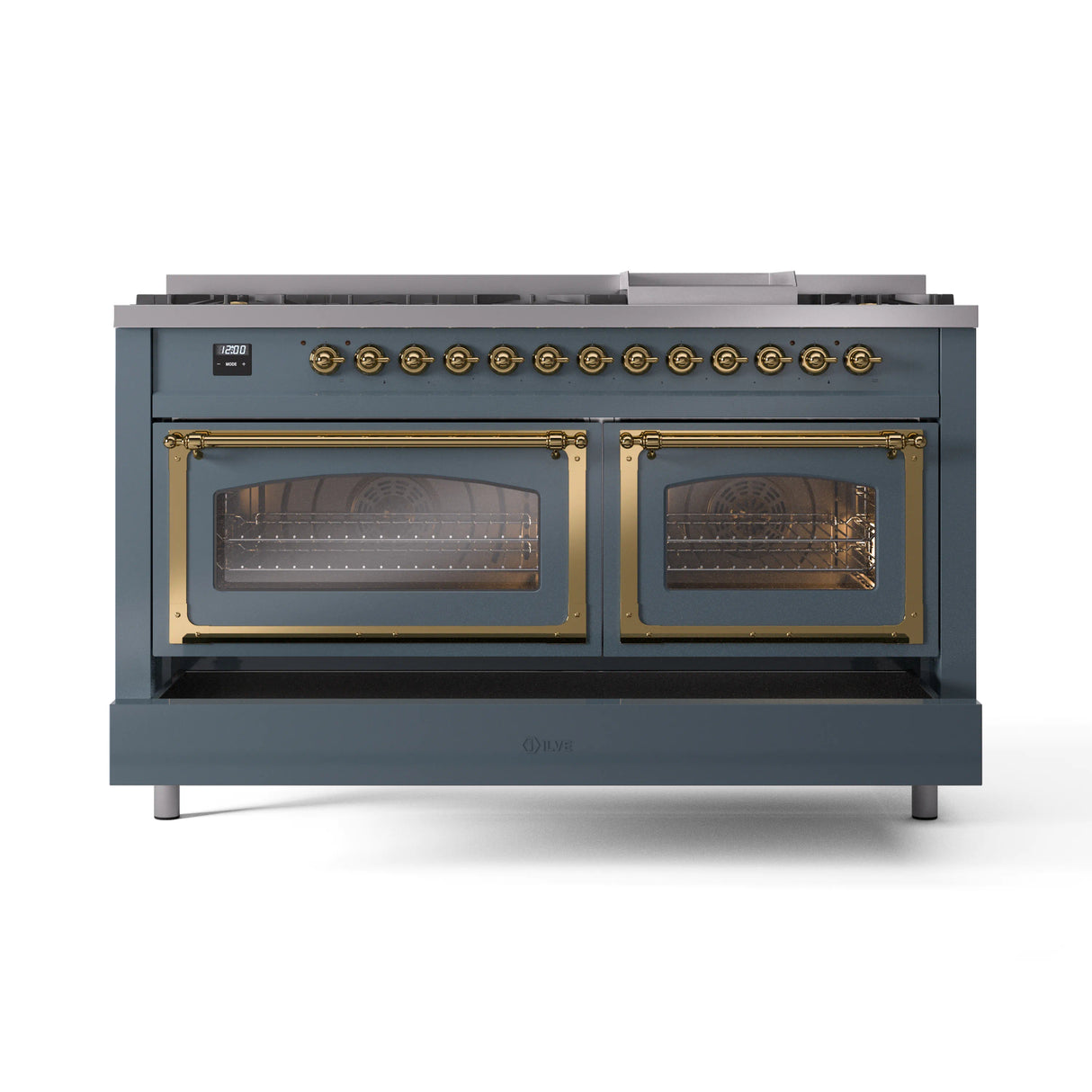 ILVE 60-Inch Nostalgie II Noblesse Dual Fuel Range with 9 Sealed Burners, Griddle, Triple Glass Door Oven in Blue Grey with Brass Trim (UN60FNMPBGG)