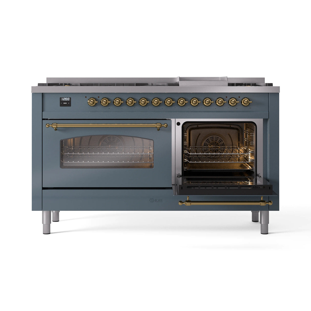 ILVE Nostalgie II 60-Inch Dual Fuel Freestanding Range in Blue Grey with Brass Trim (UP60FNMPBGGLP)