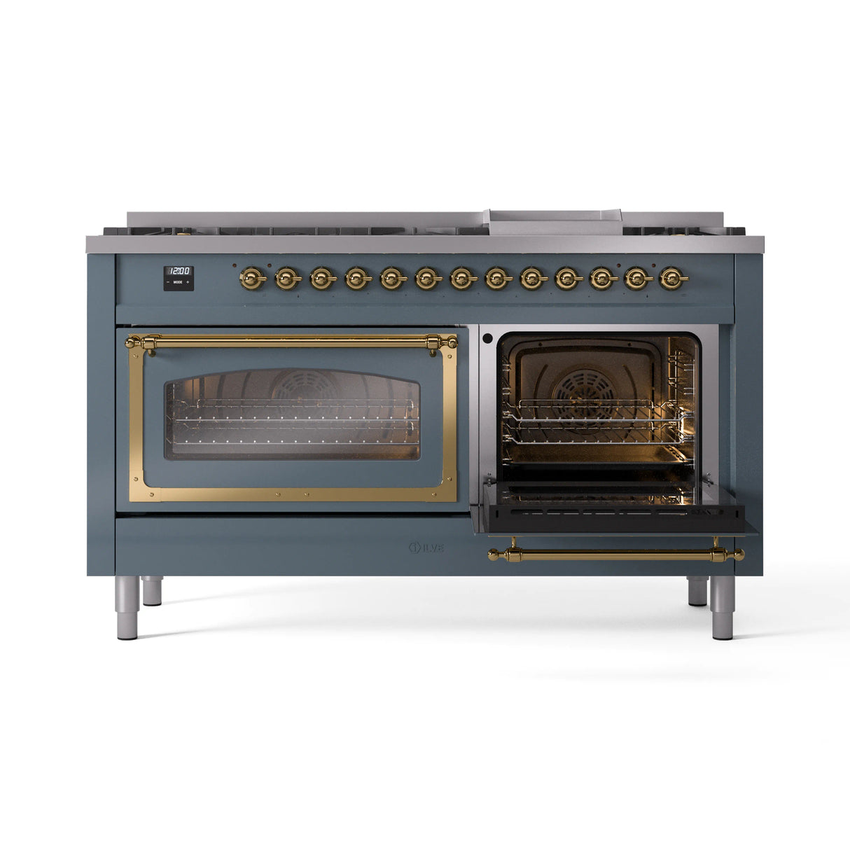 ILVE 60-Inch Nostalgie II Noblesse Dual Fuel Range with 9 Sealed Burners, Griddle, Triple Glass Door Oven in Blue Grey with Brass Trim (UN60FNMPBGG)