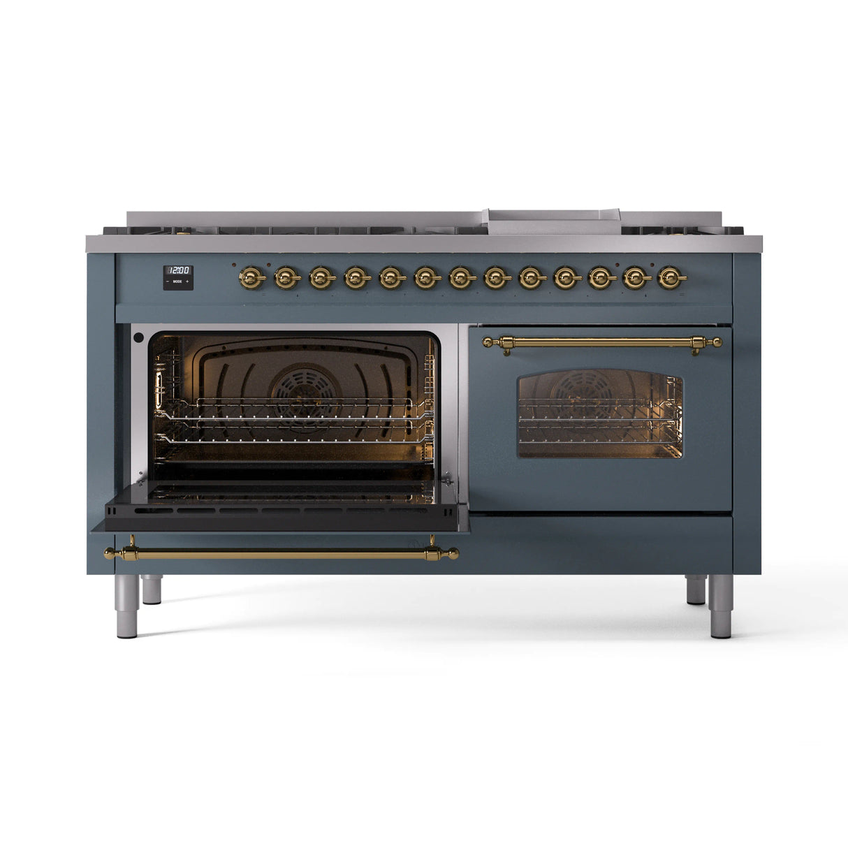 ILVE Nostalgie II 60-Inch Dual Fuel Freestanding Range in Blue Grey with Brass Trim (UP60FNMPBGGLP)