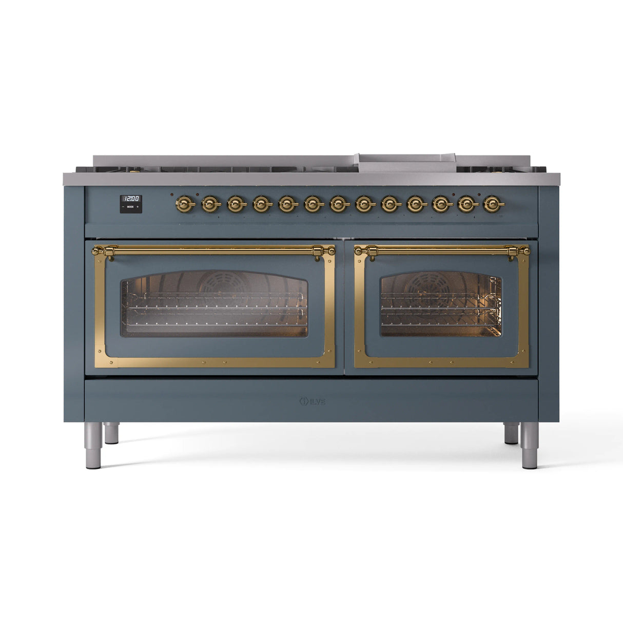 ILVE 60-Inch Nostalgie II Noblesse Dual Fuel Range with 9 Sealed Burners, Griddle, Triple Glass Door Oven in Blue Grey with Brass Trim (UN60FNMPBGG)