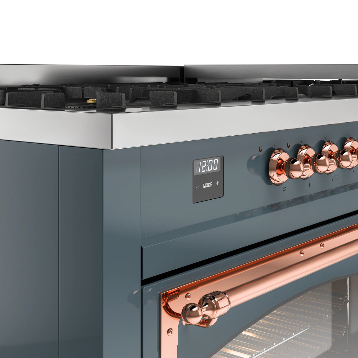 ILVE 60-Inch Nostalgie II Noblesse Propane Gas Dual Fuel Range with 9 Sealed Burners, Griddle, Triple Glass Door Oven in Blue Grey with Copper Trim (UN60FNMPBGPLP)