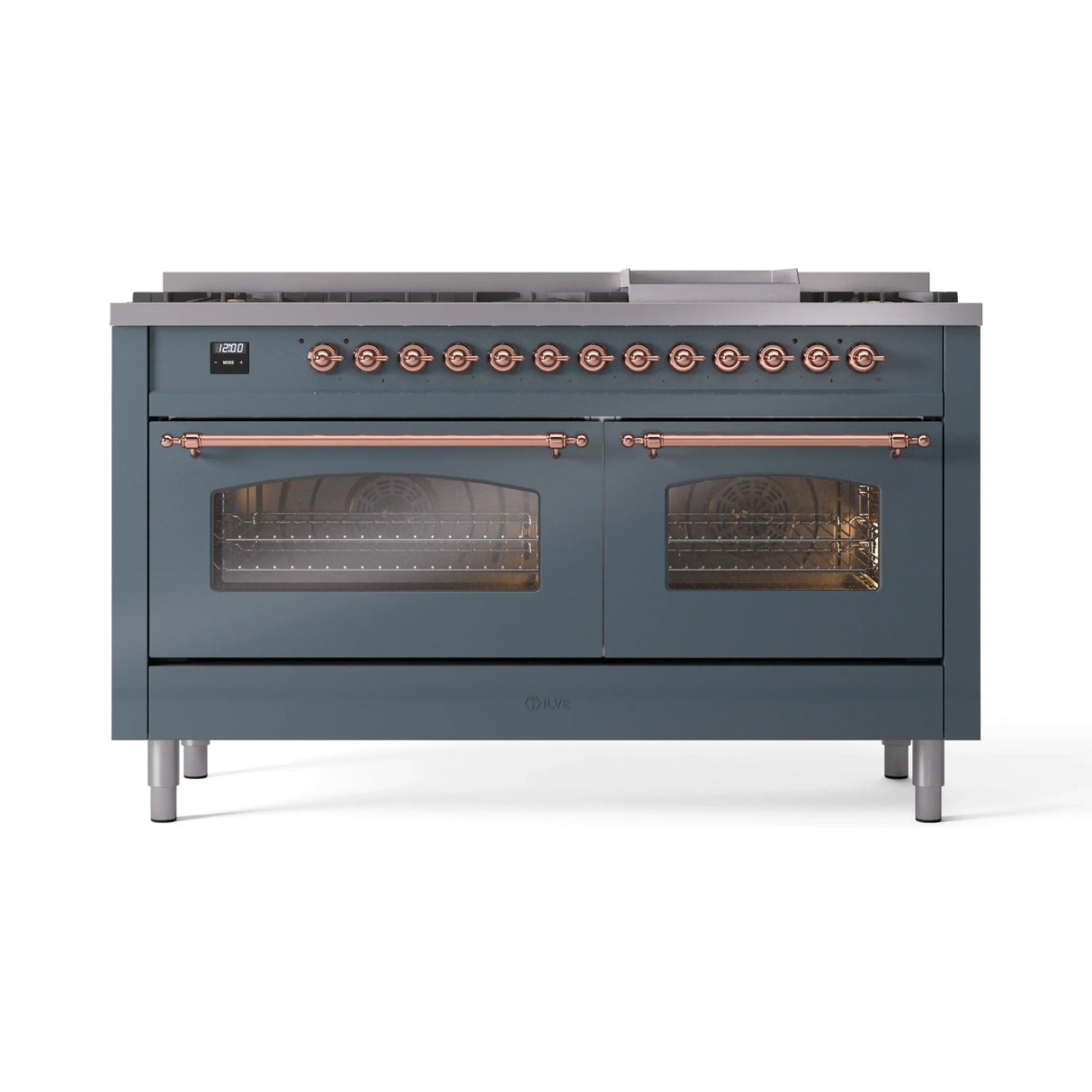 ILVE 60-Inch Nostalgie II Propane Gas Dual Fuel Range with 9 Burners, Griddle and Triple Glass Door Oven in Blue Grey with Copper Trim (UP60FNMPBGPLP)