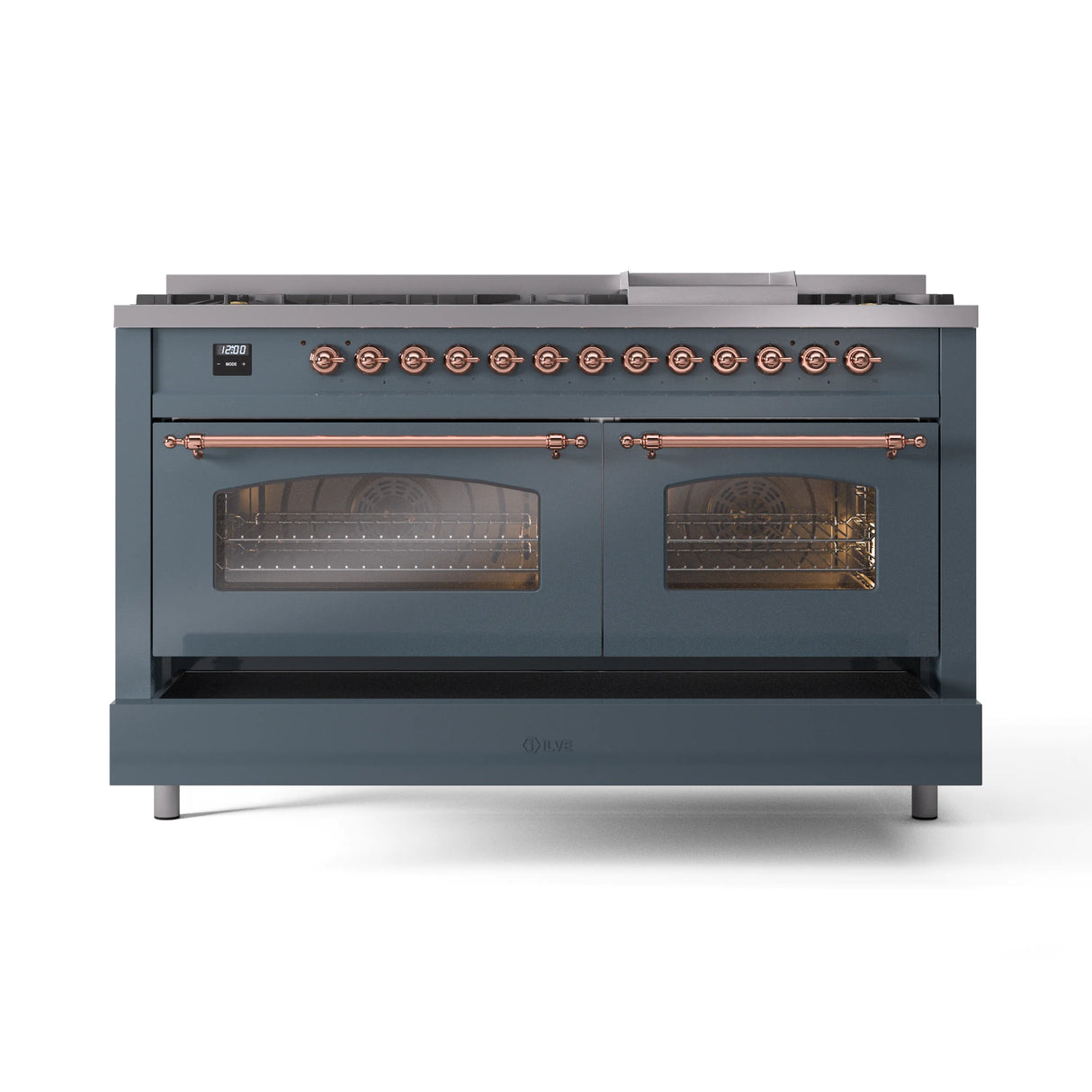 ILVE 60-Inch Nostalgie II Propane Gas Dual Fuel Range with 9 Burners, Griddle and Triple Glass Door Oven in Blue Grey with Copper Trim (UP60FNMPBGPLP)