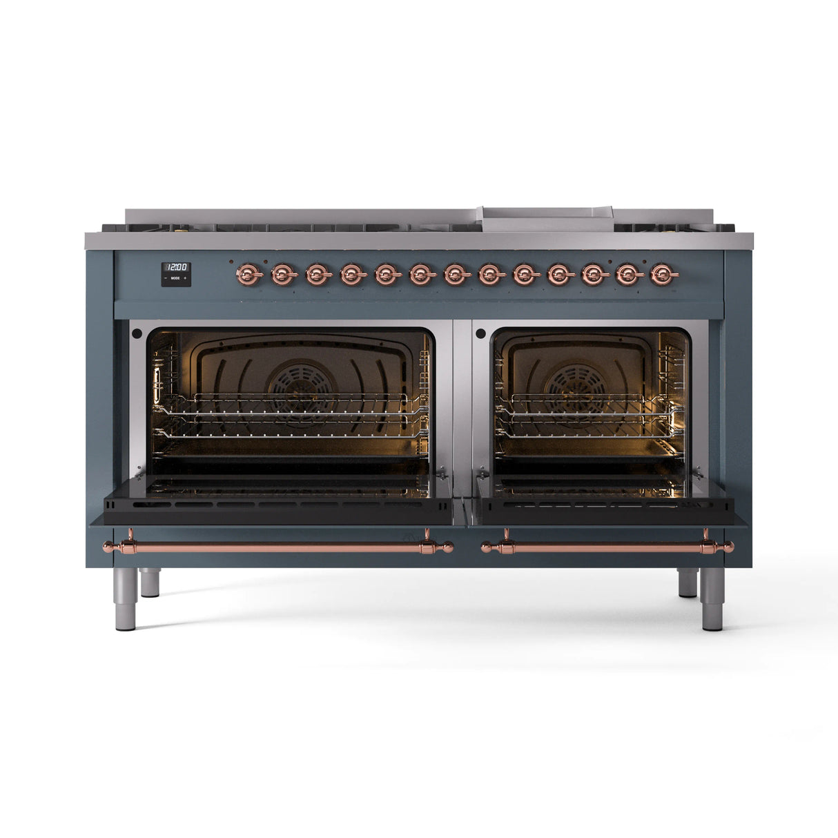 ILVE 60-Inch Nostalgie II Natural Gas Dual Fuel Range with 9 Burners, Griddle and Triple Glass Door Oven in Blue Grey with Copper Trim (UP60FNMPBGP)
