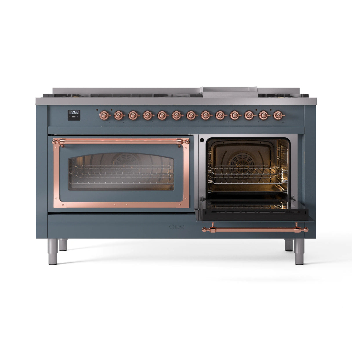 ILVE 60-Inch Nostalgie II Noblesse Propane Gas Dual Fuel Range with 9 Sealed Burners, Griddle, Triple Glass Door Oven in Blue Grey with Copper Trim (UN60FNMPBGPLP)