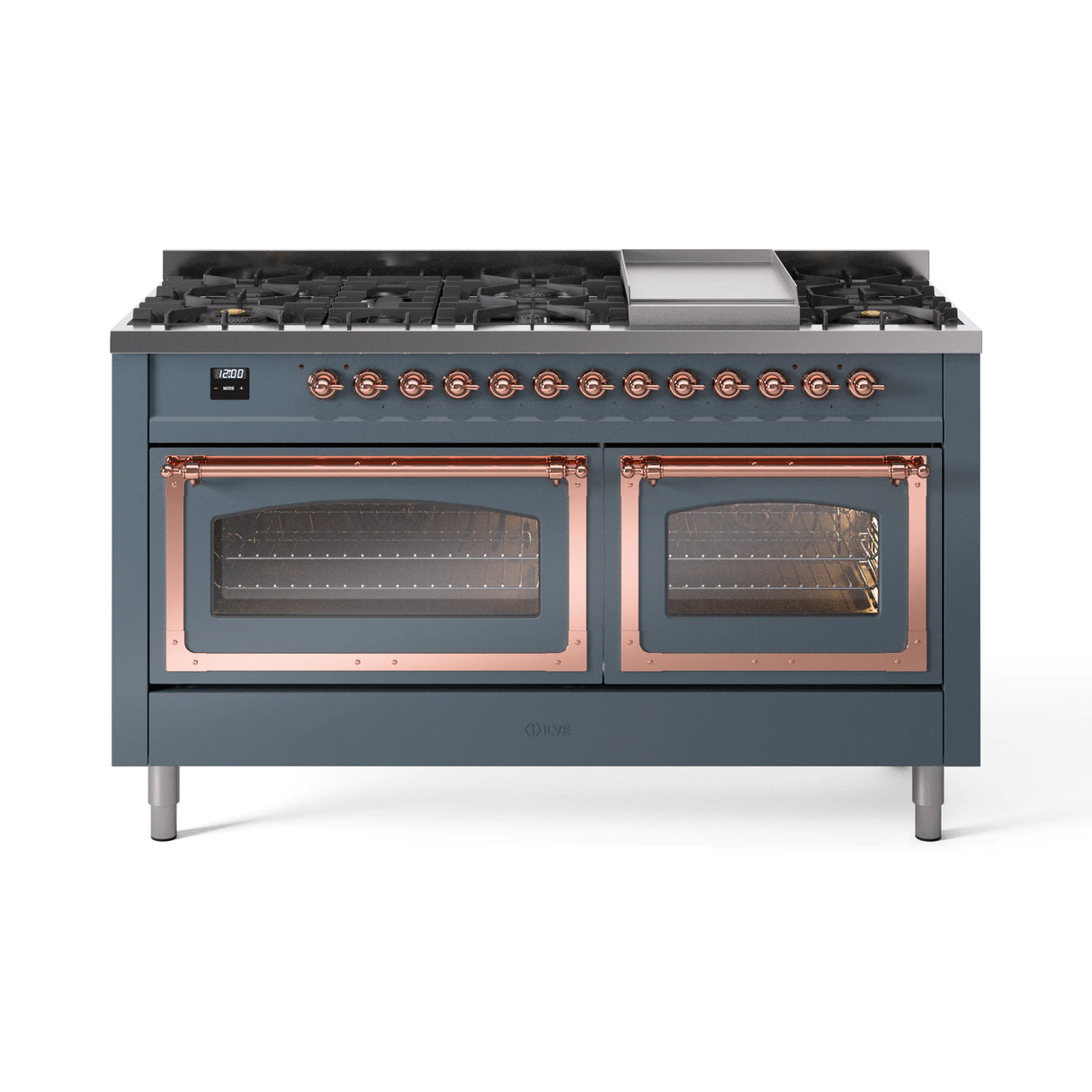 ILVE 60-Inch Nostalgie II Noblesse Propane Gas Dual Fuel Range with 9 Sealed Burners, Griddle, Triple Glass Door Oven in Blue Grey with Copper Trim (UN60FNMPBGPLP)
