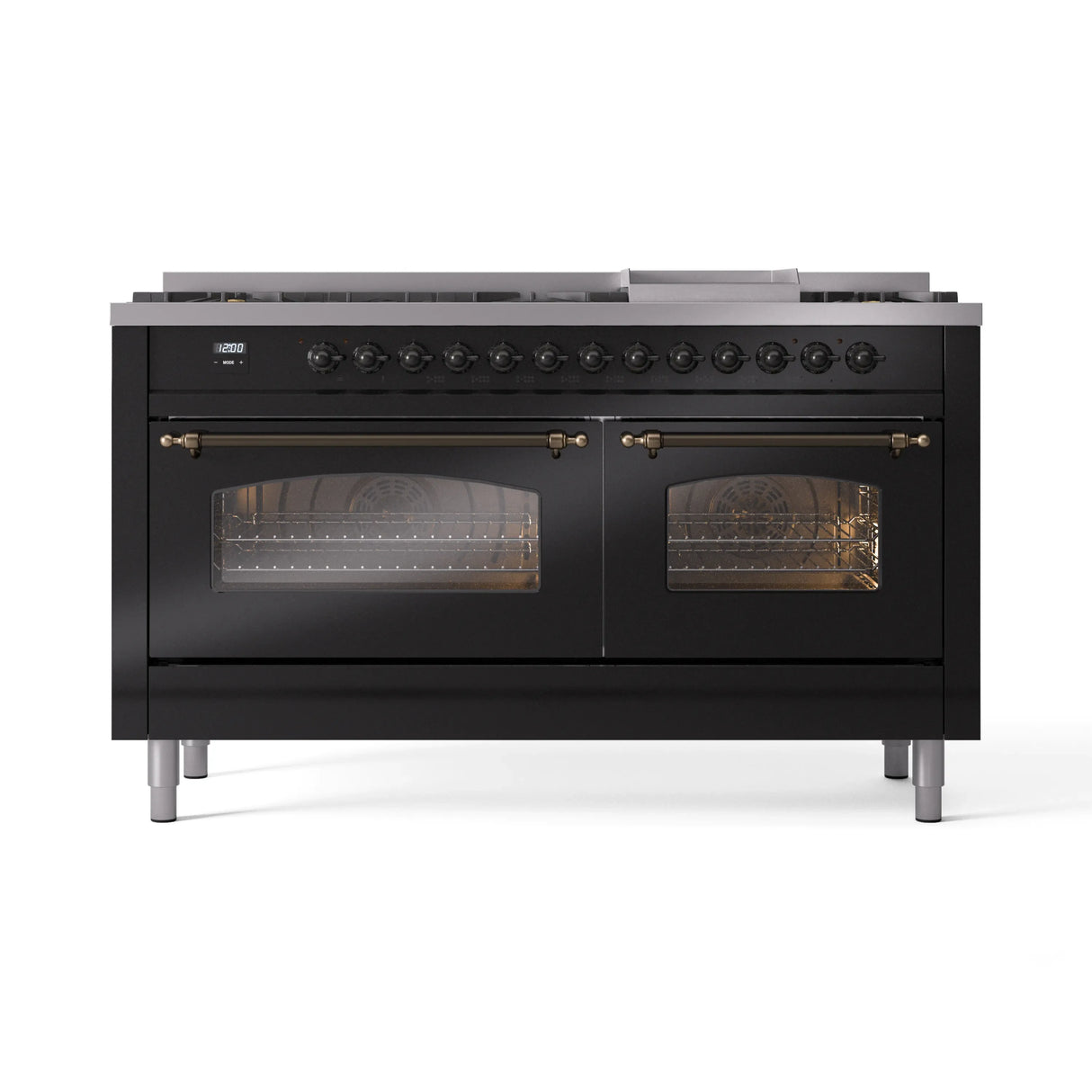 ILVE 60-Inch Nostalgie II Natural Gas Dual Fuel Range with 9 Burners, Griddle and Triple Glass Door Oven in Glossy Black with Bronze Trim (UP60FNMPBKB)