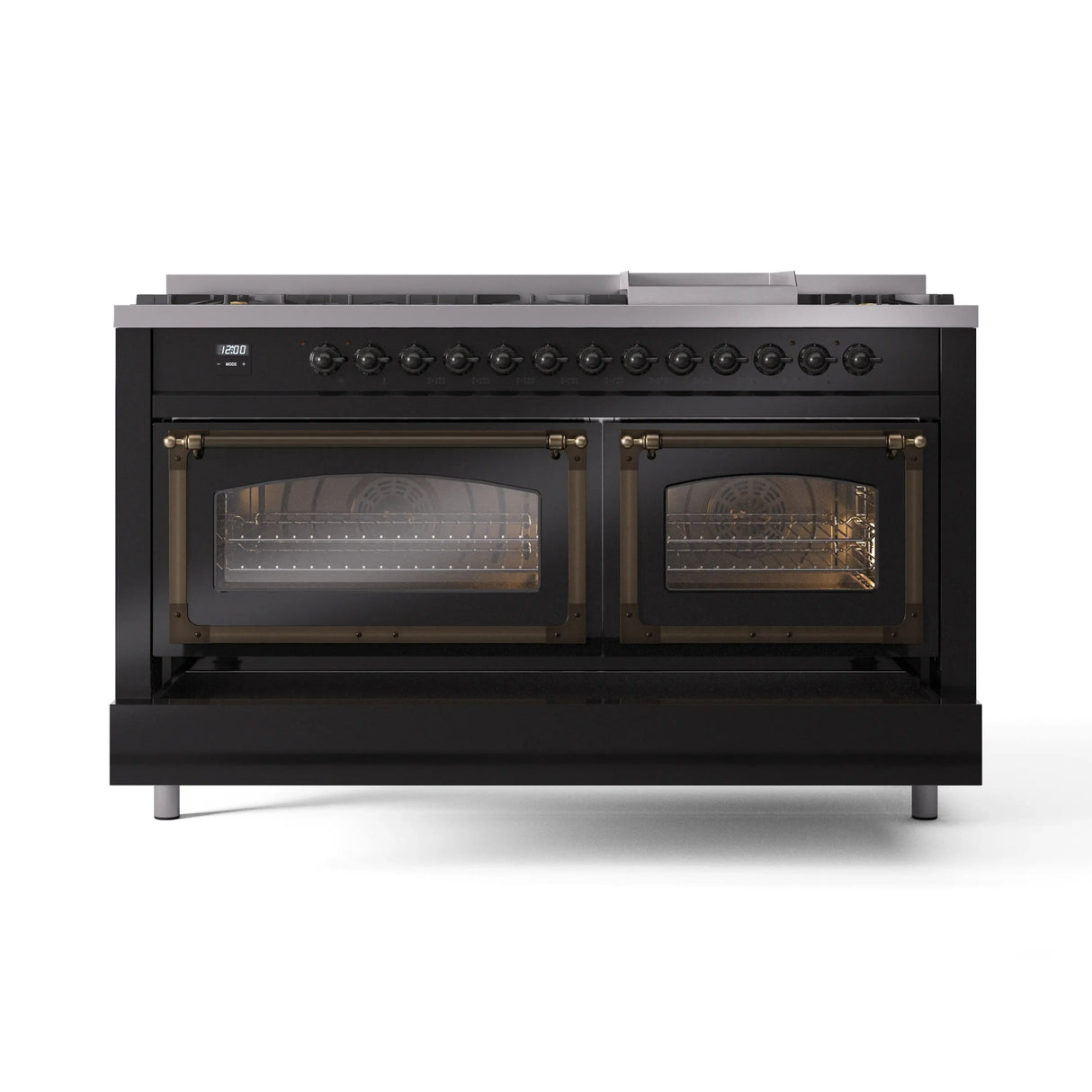 ILVE 60-Inch Nostalgie II Noblesse Natural Gas Dual Fuel Range in Glossy Black with Bronze Trim (UN60FNMPBKB)