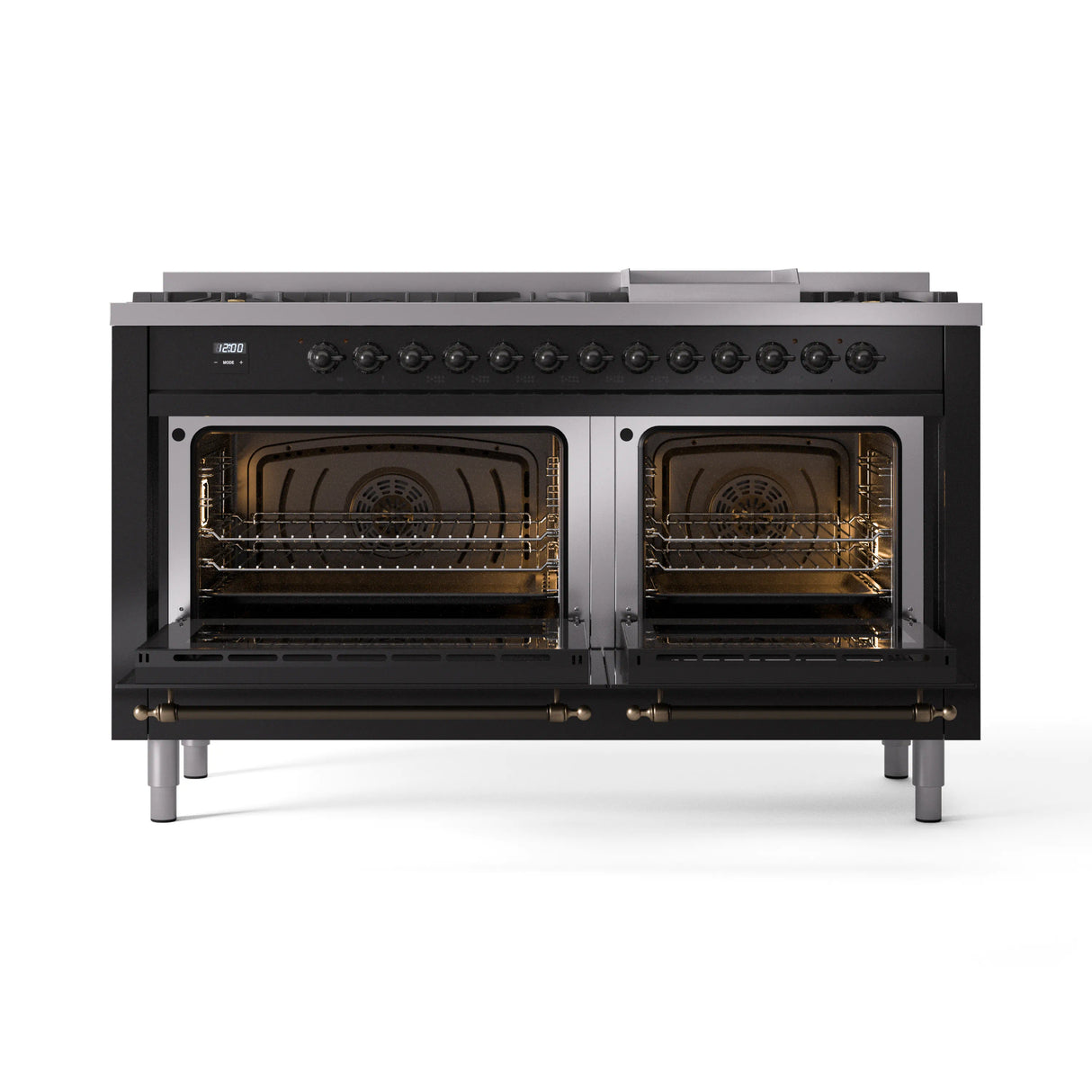 ILVE 60-Inch Nostalgie II Natural Gas Dual Fuel Range with 9 Burners, Griddle and Triple Glass Door Oven in Glossy Black with Bronze Trim (UP60FNMPBKB)