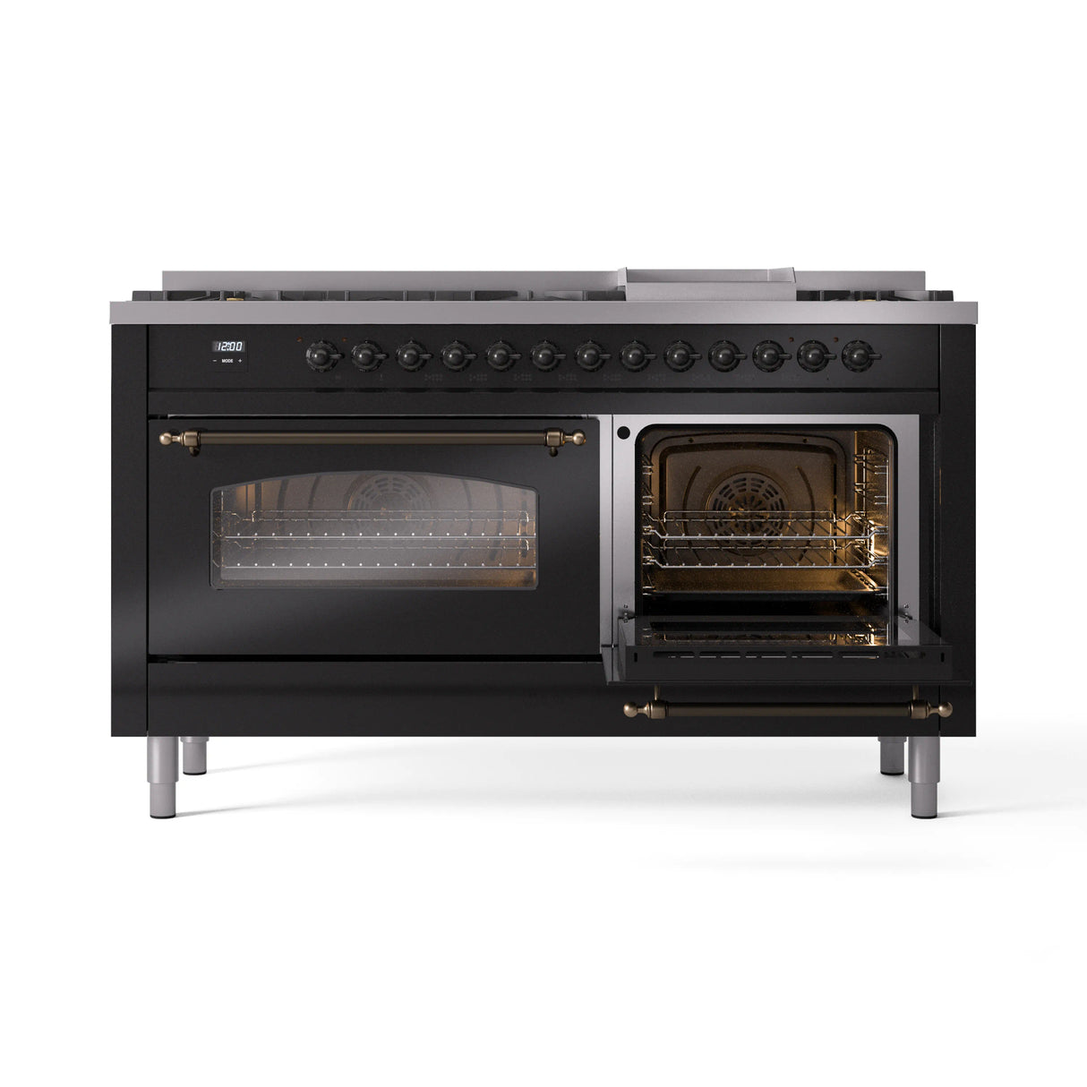 ILVE 60-Inch Nostalgie II Natural Gas Dual Fuel Range with 9 Burners, Griddle and Triple Glass Door Oven in Glossy Black with Bronze Trim (UP60FNMPBKB)