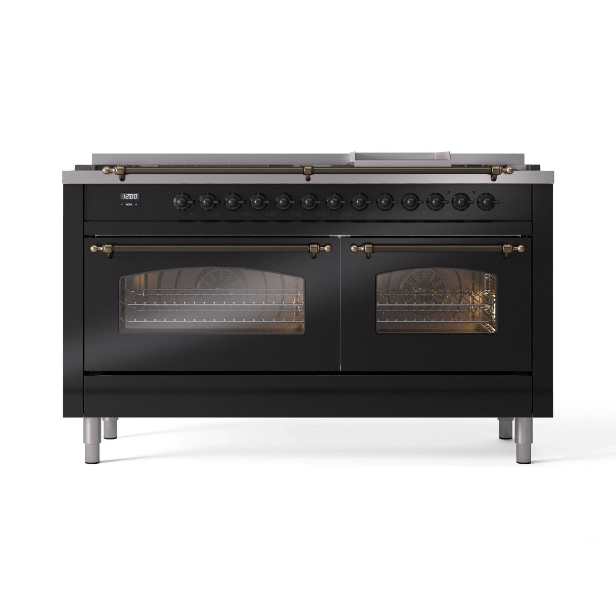 ILVE 60-Inch Nostalgie II Propane Gas Dual Fuel Range with 9 Burners, Griddle and Triple Glass Door Oven in Glossy Black with Bronze Trim (UP60FNMPBKBLP)