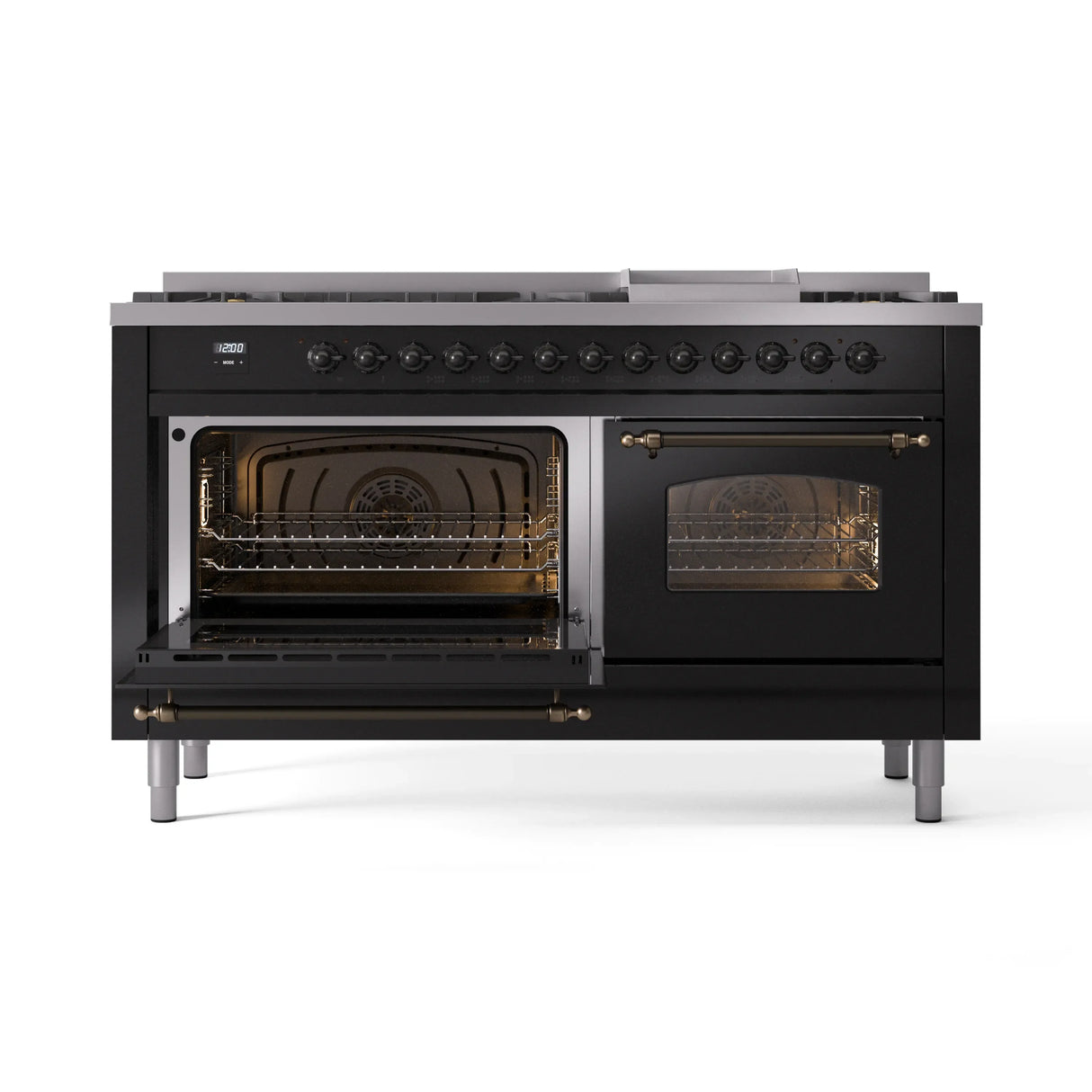 ILVE 60-Inch Nostalgie II Propane Gas Dual Fuel Range with 9 Burners, Griddle and Triple Glass Door Oven in Glossy Black with Bronze Trim (UP60FNMPBKBLP)