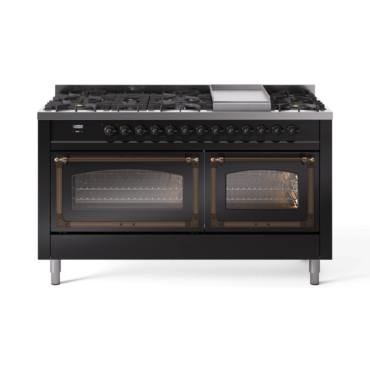 ILVE 60-Inch Nostalgie II Noblesse Propane Gas Dual Fuel Range with 9 Sealed Burners, Griddle, Triple Glass Door Oven in Glossy Black with Bronze Trim (UN60FNMPBKBLP)