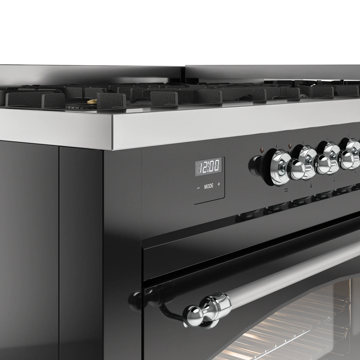 ILVE 60-Inch Nostalgie II Natural Gas Dual Fuel Range with 9 Burners, Griddle and Triple Glass Door Oven in Glossy Black with Chrome Trim (UP60FNMPBKC)