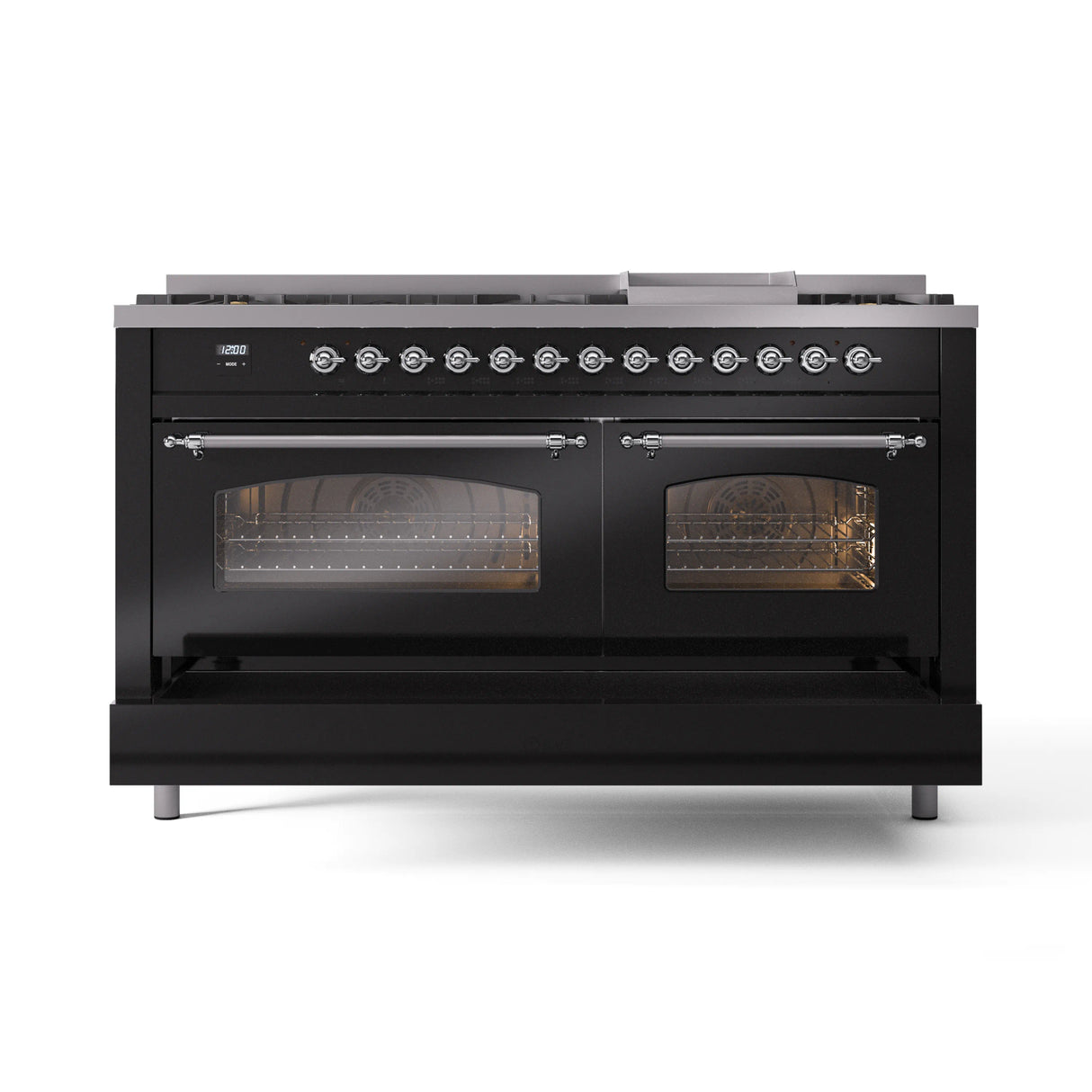 ILVE 60-Inch Nostalgie II Natural Gas Dual Fuel Range with 9 Burners, Griddle and Triple Glass Door Oven in Glossy Black with Chrome Trim (UP60FNMPBKC)