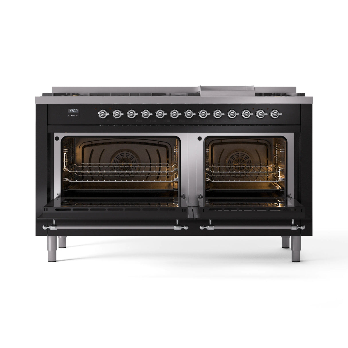 ILVE 60-Inch Nostalgie II Propane Gas Dual Fuel Range with 9 Burners, Griddle and Triple Glass Door Oven in Glossy Black with Chrome Trim (UP60FNMPBKCLP)