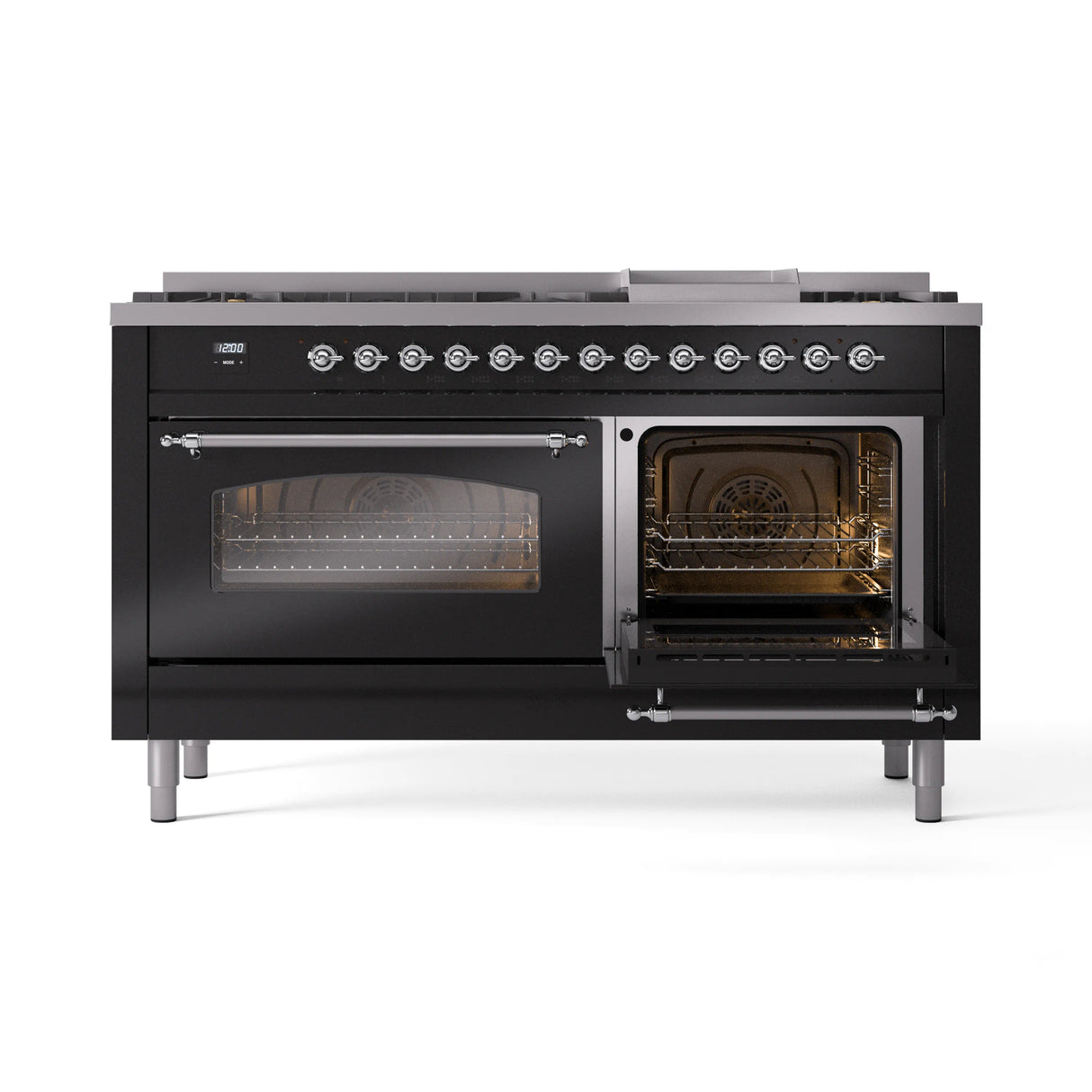 ILVE 60-Inch Nostalgie II Propane Gas Dual Fuel Range with 9 Burners, Griddle and Triple Glass Door Oven in Glossy Black with Chrome Trim (UP60FNMPBKCLP)