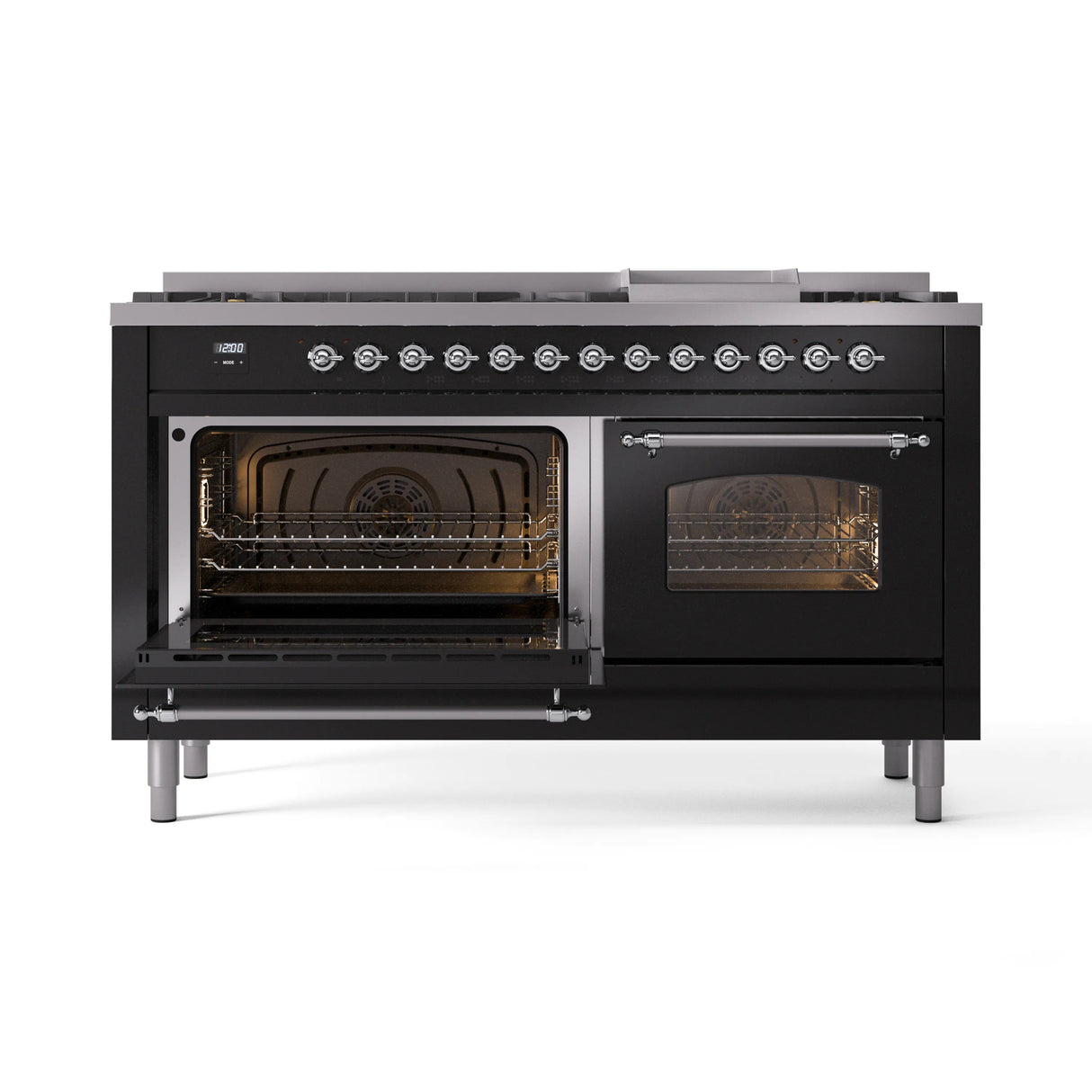 ILVE 60-Inch Nostalgie II Propane Gas Dual Fuel Range with 9 Burners, Griddle and Triple Glass Door Oven in Glossy Black with Chrome Trim (UP60FNMPBKCLP)