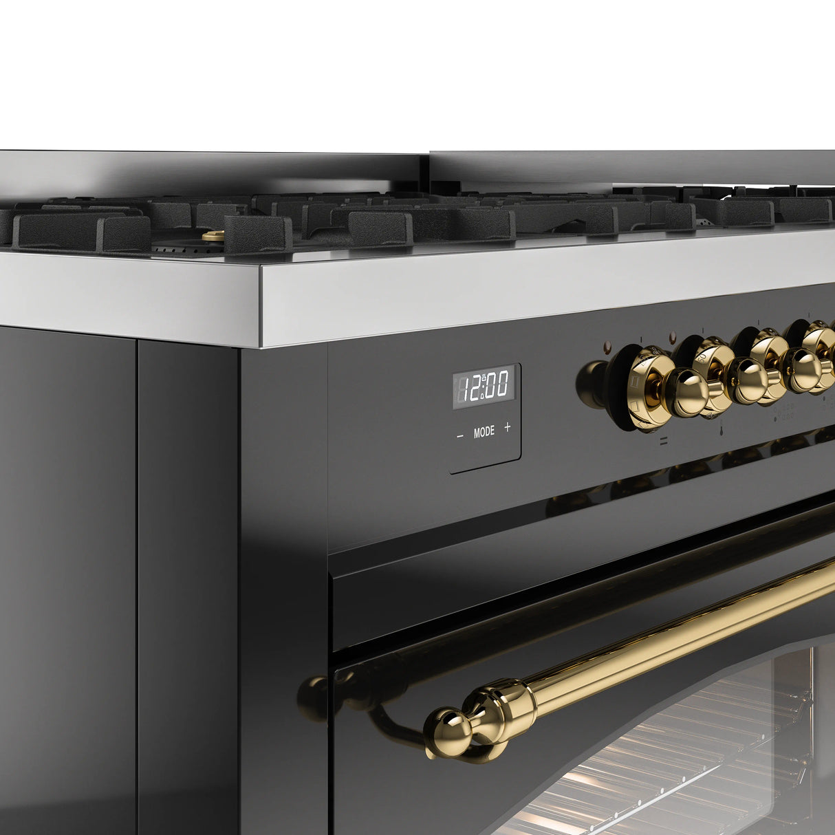 ILVE 60-Inch Nostalgie II Propane Gas Dual Fuel Range with 9 Burners, Griddle and Triple Glass Door Oven in Glossy Black with Brass Trim (UP60FNMPBKGLP)