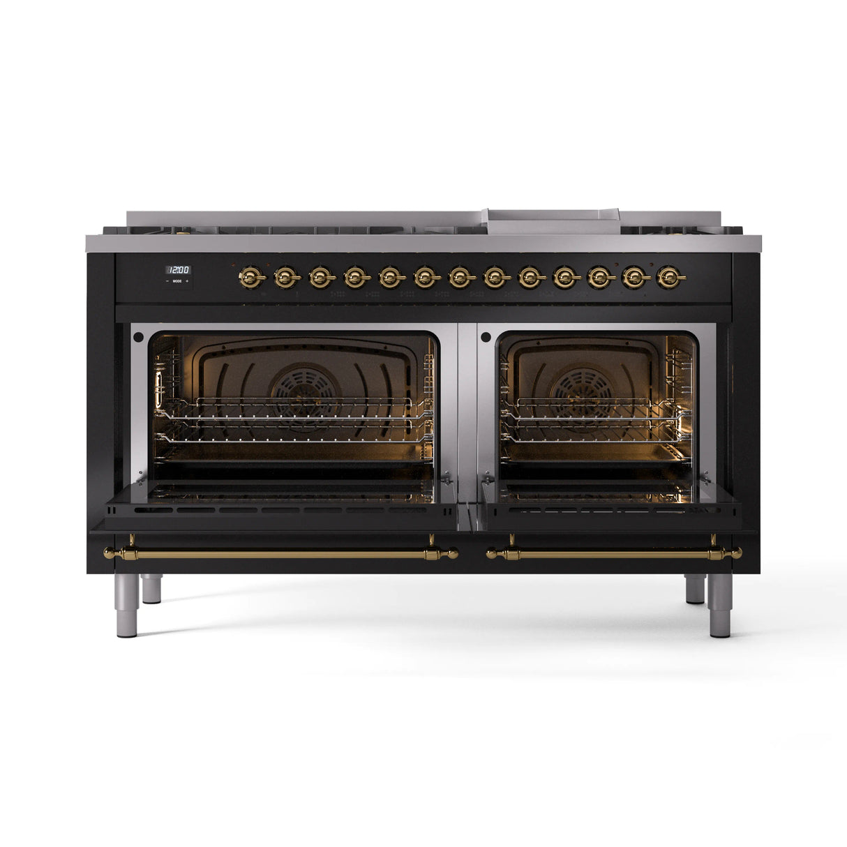 ILVE 60-Inch Nostalgie II Propane Gas Dual Fuel Range with 9 Burners, Griddle and Triple Glass Door Oven in Glossy Black with Brass Trim (UP60FNMPBKGLP)