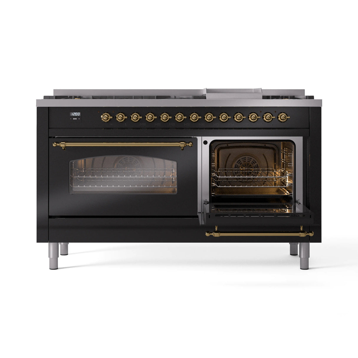 ILVE 60-Inch Nostalgie II Propane Gas Dual Fuel Range with 9 Burners, Griddle and Triple Glass Door Oven in Glossy Black with Brass Trim (UP60FNMPBKGLP)