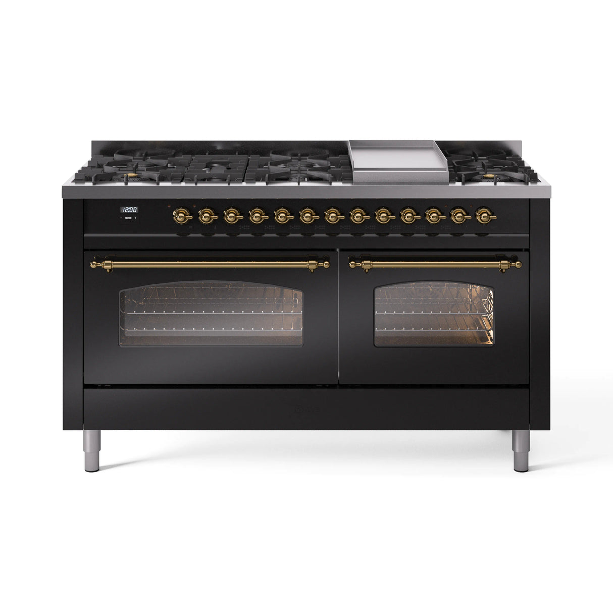 ILVE 60-Inch Nostalgie II Propane Gas Dual Fuel Range with 9 Burners, Griddle and Triple Glass Door Oven in Glossy Black with Brass Trim (UP60FNMPBKGLP)