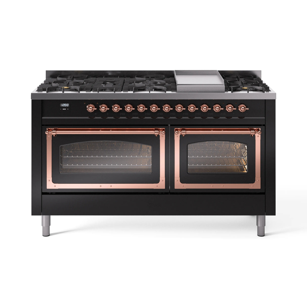 ILVE 60-Inch Nostalgie II Noblesse Propane Gas Dual Fuel Range with 9 Sealed Burners, Griddle, Triple Glass Door Oven in Glossy Black with Copper Trim (UN60FNMPBKPLP)