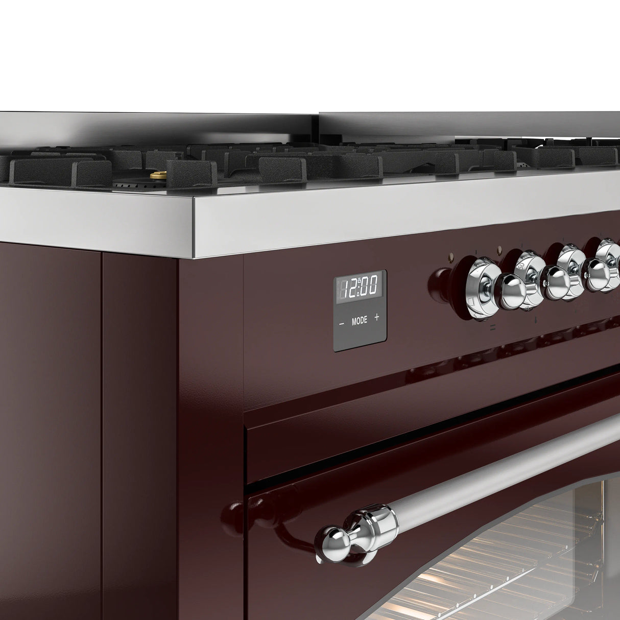ILVE 60-Inch Nostalgie II Natural Gas Dual Fuel Range with 9 Burners, Griddle and Triple Glass Door Oven in Burgundy with Chrome Trim (UP60FNMPBUC)