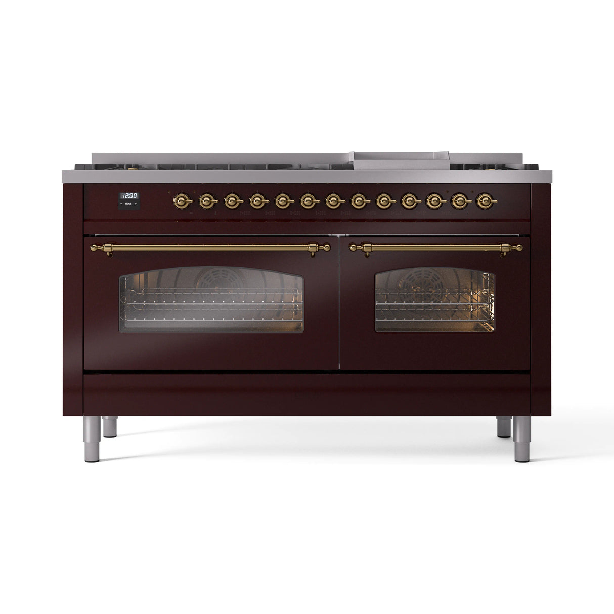 ILVE 60-Inch Nostalgie II Natural Gas Dual Fuel Range with 9 Burners, Griddle and Triple Glass Door Oven in Burgundy with Brass Trim (UP60FNMPBUG)