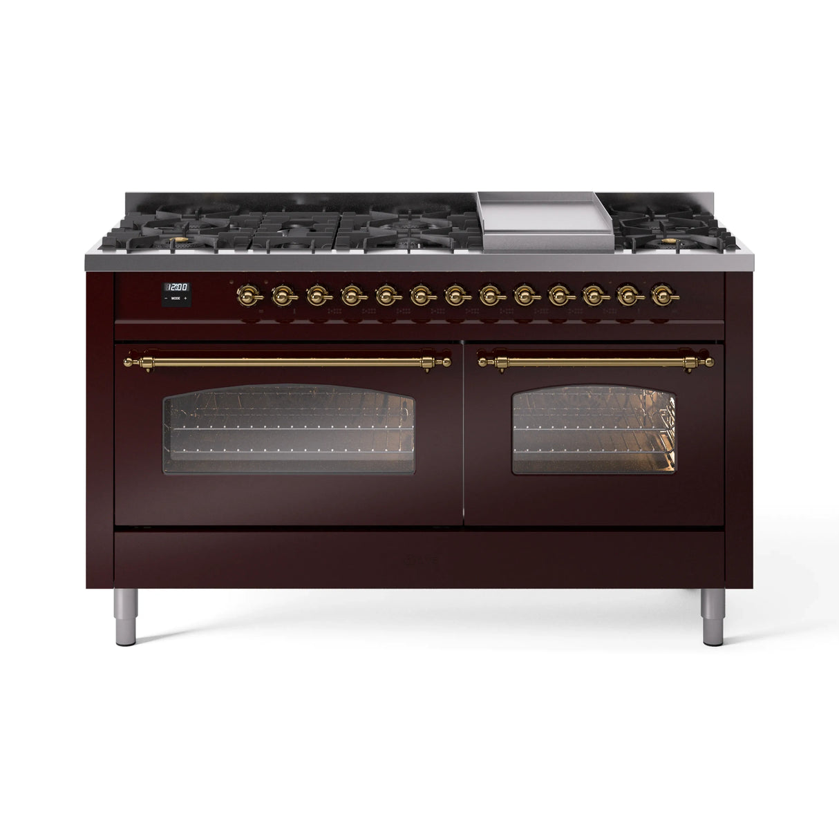 ILVE 60-Inch Nostalgie II Natural Gas Dual Fuel Range with 9 Burners, Griddle and Triple Glass Door Oven in Burgundy with Brass Trim (UP60FNMPBUG)