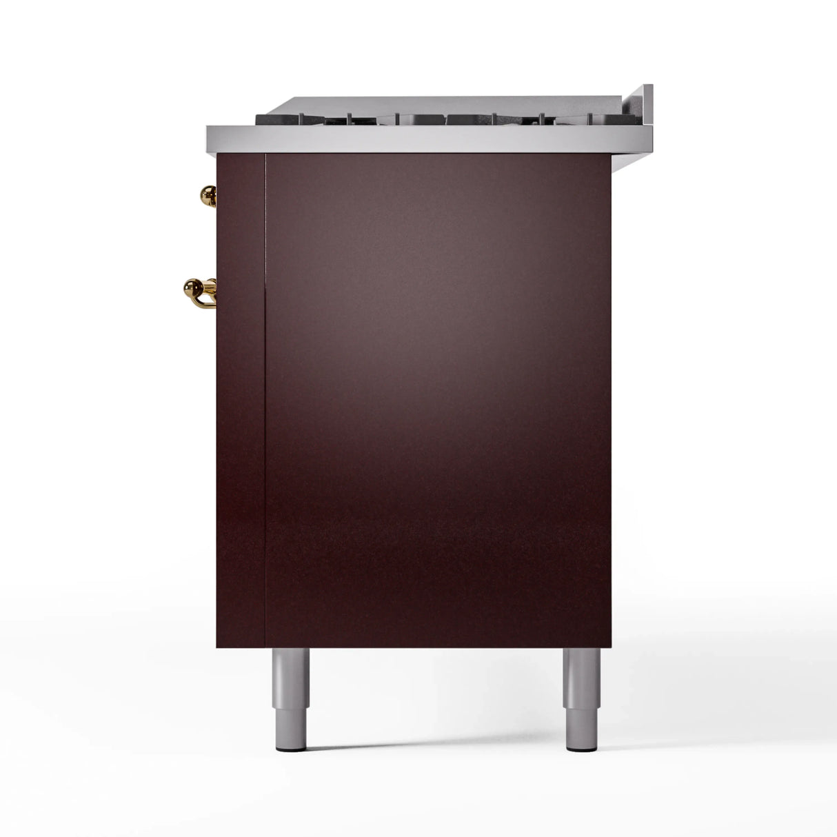 ILVE 60-Inch Nostalgie II Natural Gas Dual Fuel Range with 9 Burners, Griddle and Triple Glass Door Oven in Burgundy with Brass Trim (UP60FNMPBUG)