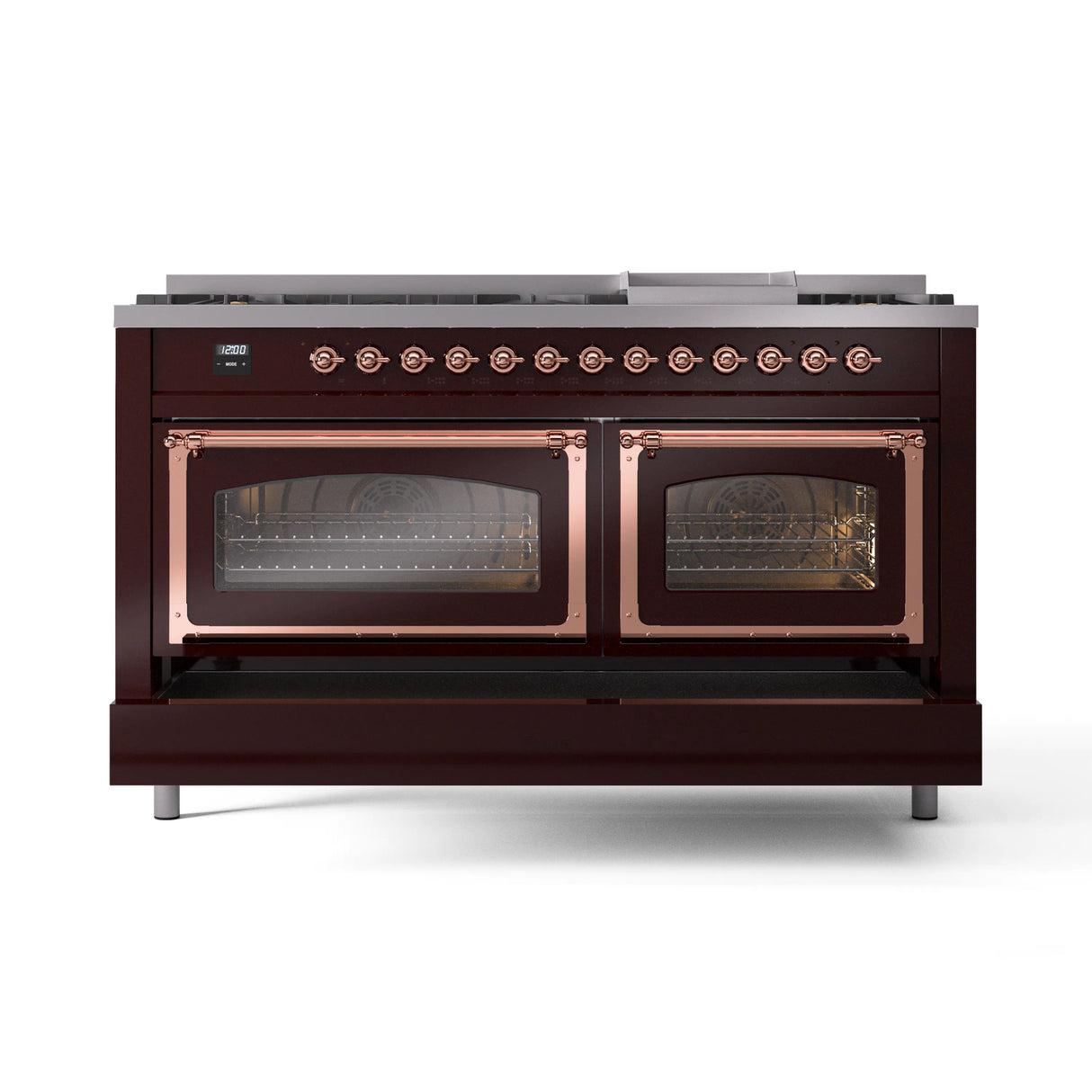 ILVE 60-Inch Nostalgie II Noblesse Natural Gas Dual Fuel Range in Burgundy with Copper Trim (UN60FNMPBUP)