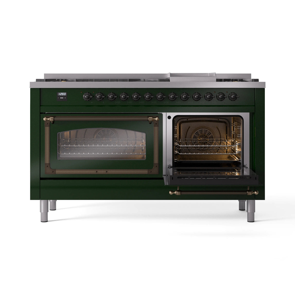 ILVE 60-Inch Nostalgie II Noblesse Natural Gas Dual Fuel Range in Emerald Green with Bronze Trim (UN60FNMPEGB)