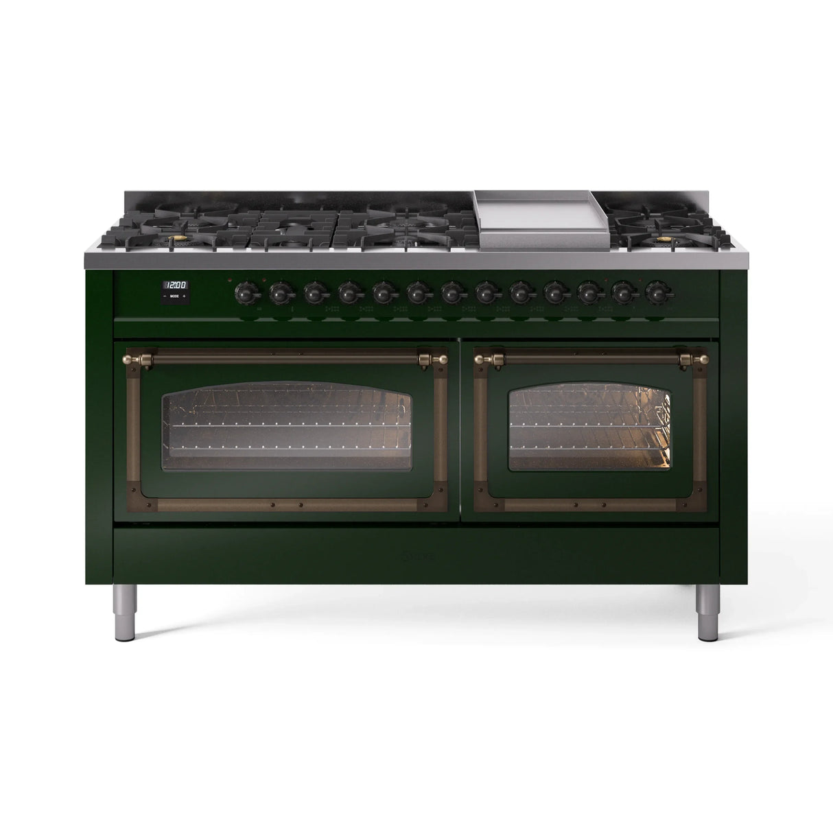 ILVE 60-Inch Nostalgie II Noblesse Natural Gas Dual Fuel Range in Emerald Green with Bronze Trim (UN60FNMPEGB)