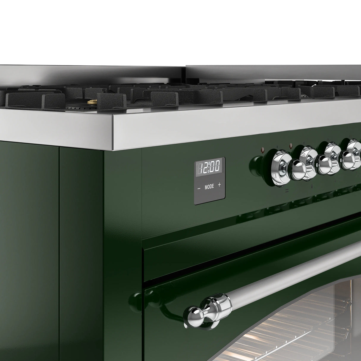 ILVE 60-Inch Nostalgie II Natural Gas Dual Fuel Range with 9 Burners, Griddle and Triple Glass Door Oven in Emerald Green with Chrome Trim (UP60FNMPEGC)